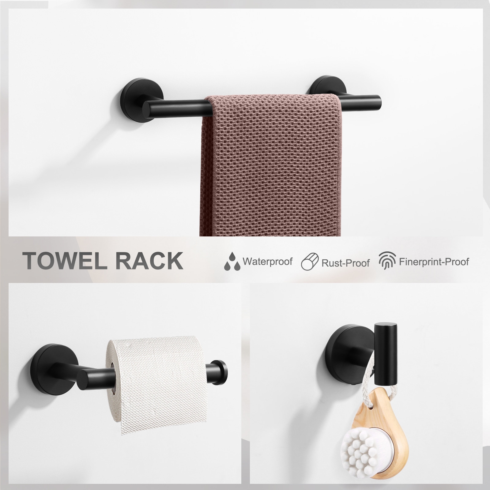 Juego de accesorios para baño decorativos de 3 piezas en negro - Barra de toalla, porta papel higiénico, gancho para bata incluidos 410013B-LW