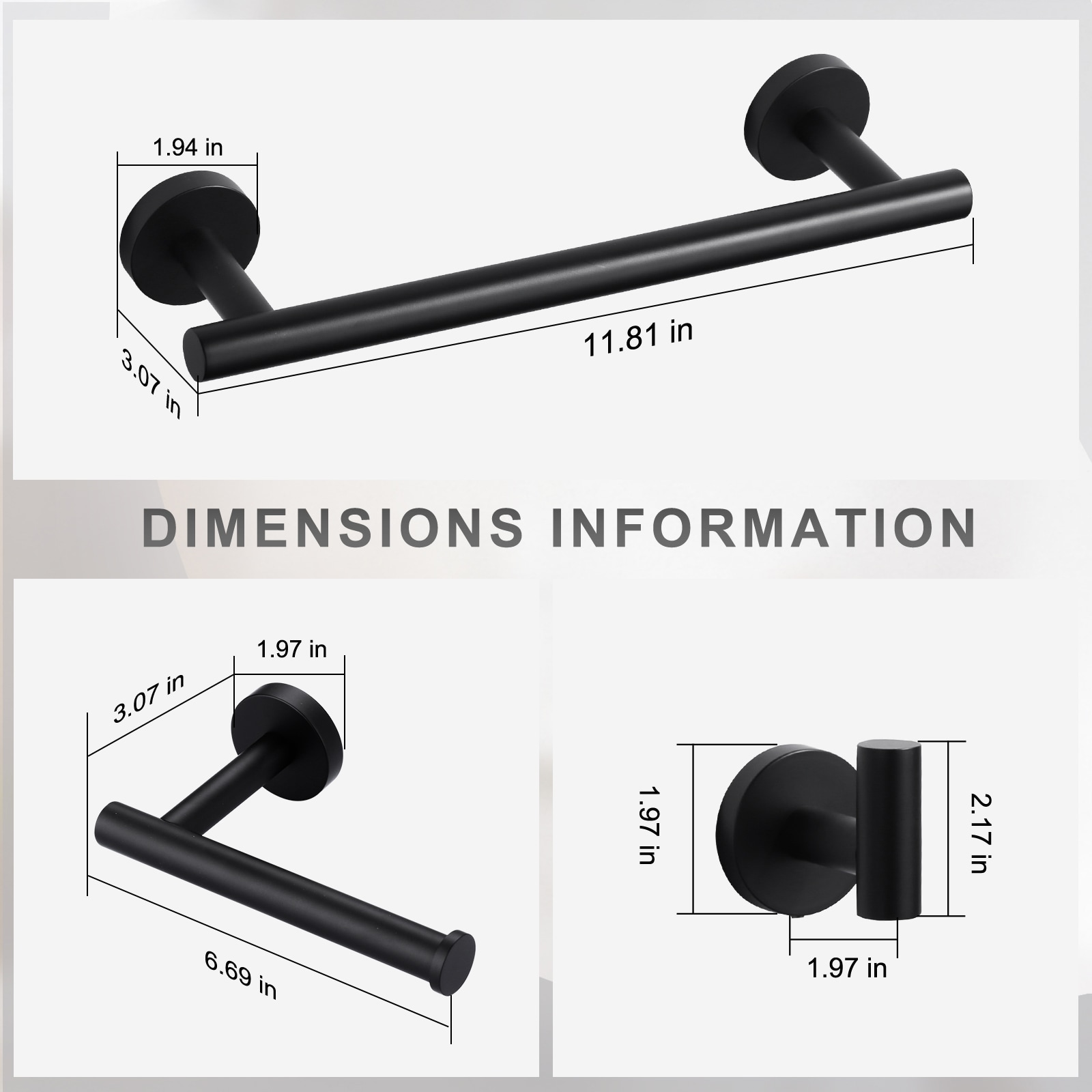 Juego de accesorios para baño decorativos de 3 piezas en negro - Barra de toalla, porta papel higiénico, gancho para bata incluidos 410013B-LW