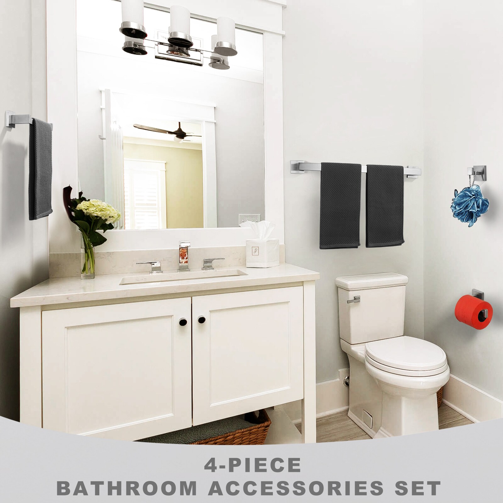 Set de accesorios para baño en níquel cepillado de 4 piezas WOWOW - Barra para toallas, portarrollos, gancho para batas incluido 410094-LW