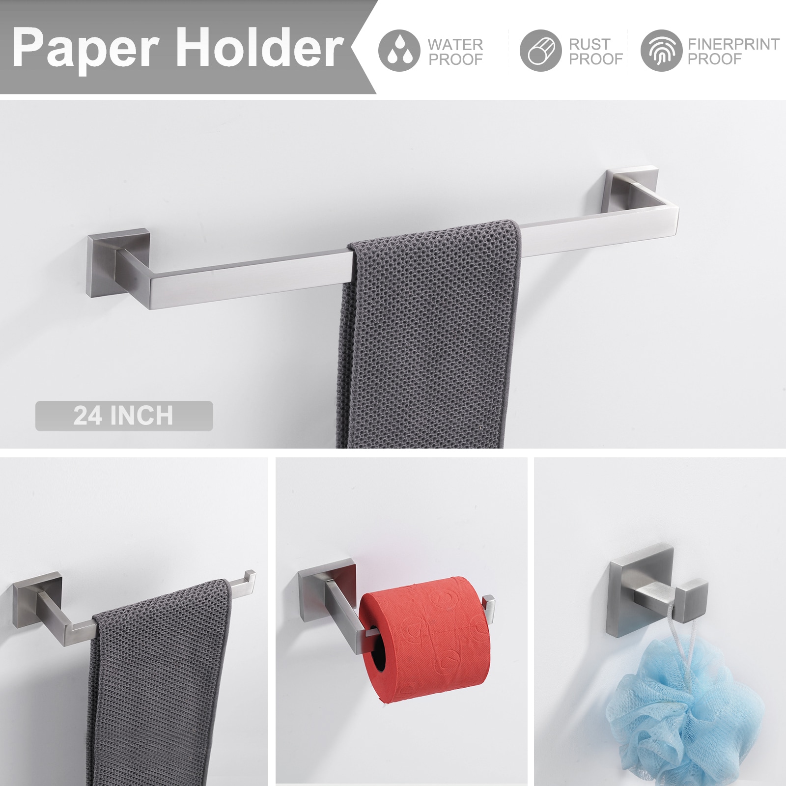 Set de accesorios para baño en níquel cepillado de 4 piezas WOWOW - Barra para toallas, portarrollos, gancho para batas incluido 410094-LW