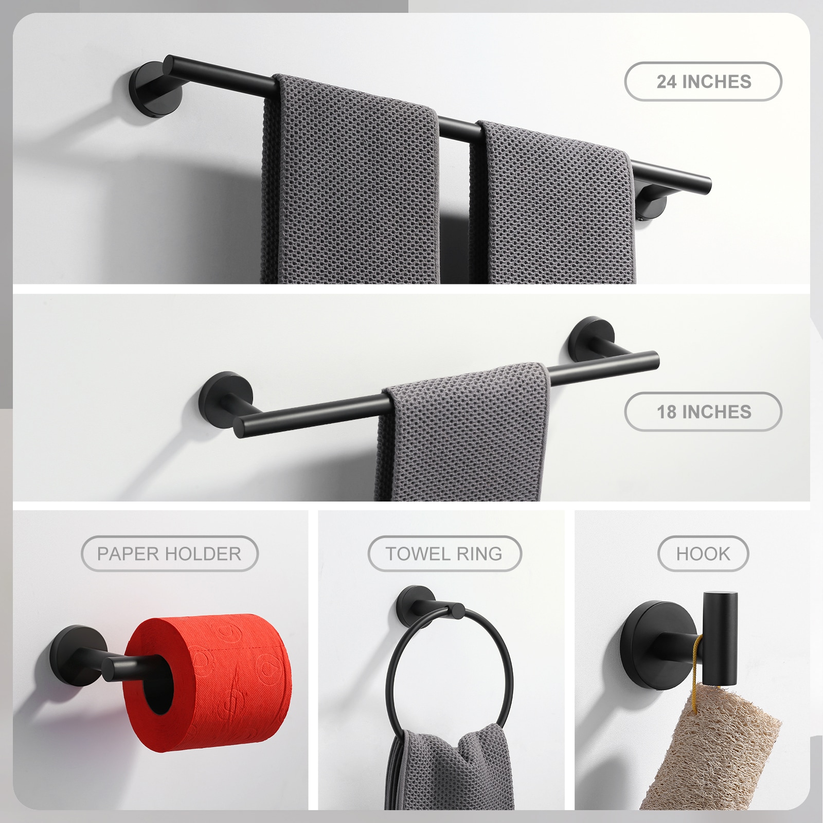 Juego de accesorios de baño decorativos en negro de 6 piezas WOWOW - Incluye barra para toallas, porta papel higiénico, argolla para toallas y gancho para batas 410016B-LW