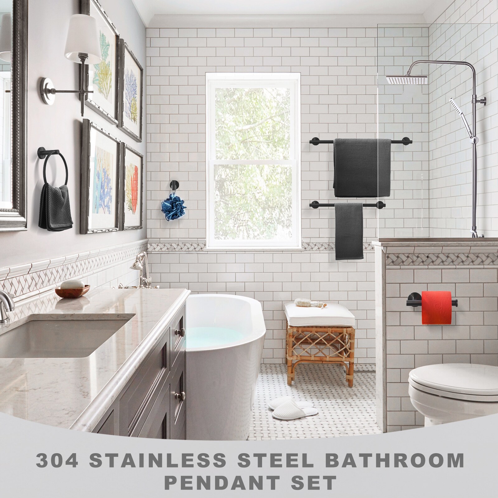 Juego de accesorios de baño decorativos en negro de 6 piezas WOWOW - Incluye barra para toallas, porta papel higiénico, argolla para toallas y gancho para batas 410016B-LW