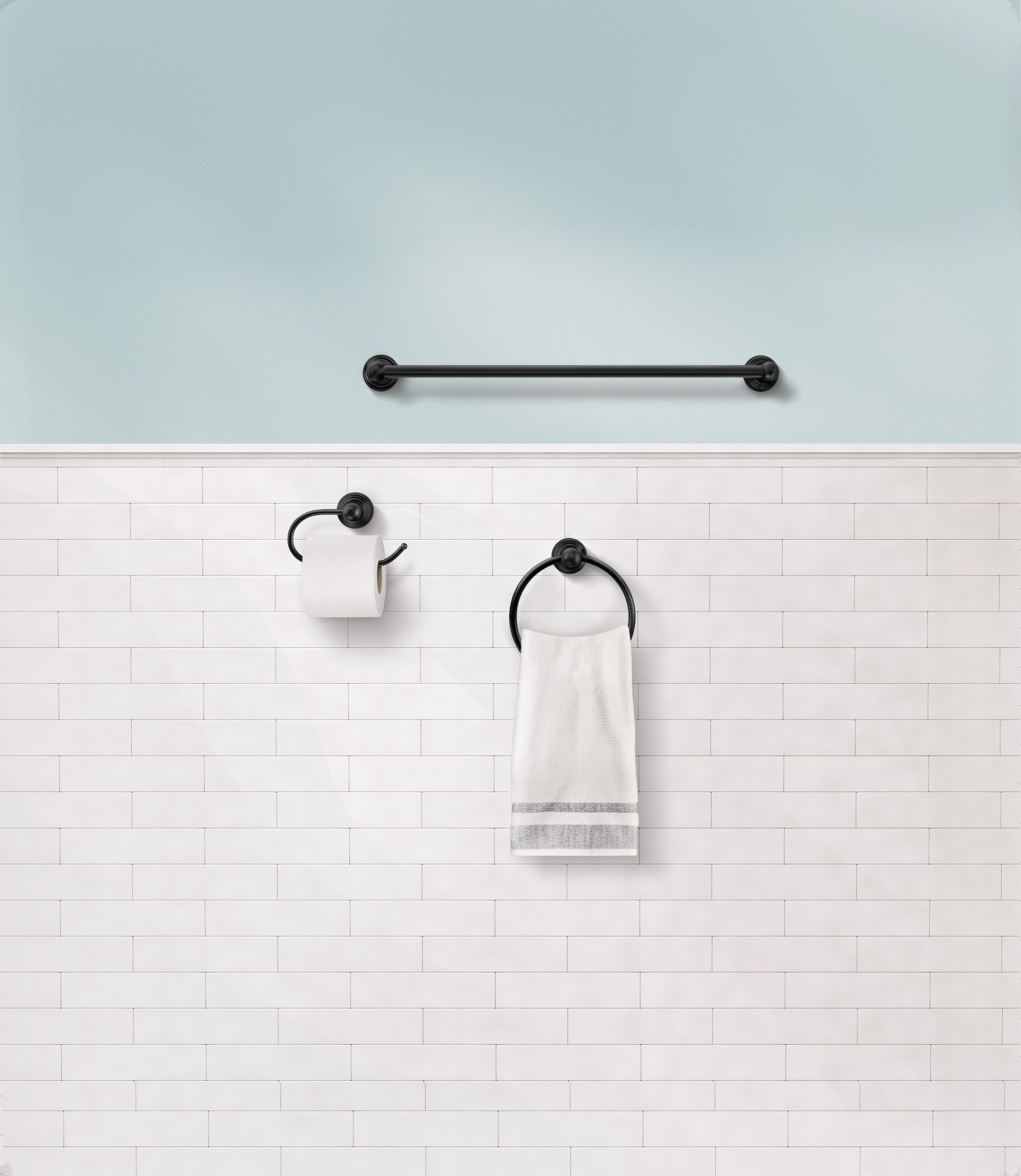 Juego de accesorios para baño decorativos en negro mate de 3 piezas Moen Preston - Barra de toalla, porta papel higiénico y anillo para toalla incluidos DN8433BL