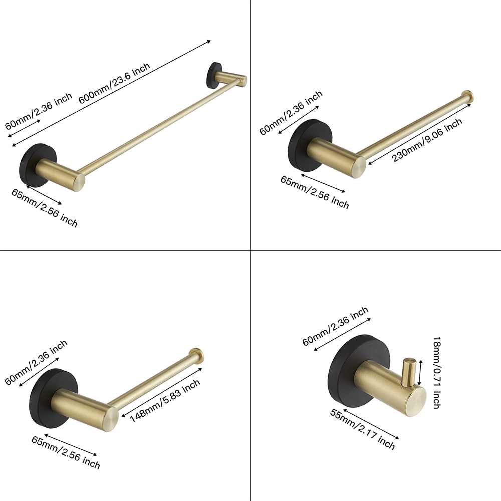 Juego de accesorios para baño decorativo negro y dorado de 5 piezas: barra de toalla, porta papel higiénico y gancho para batas incluidos A-91013-S-GB-1