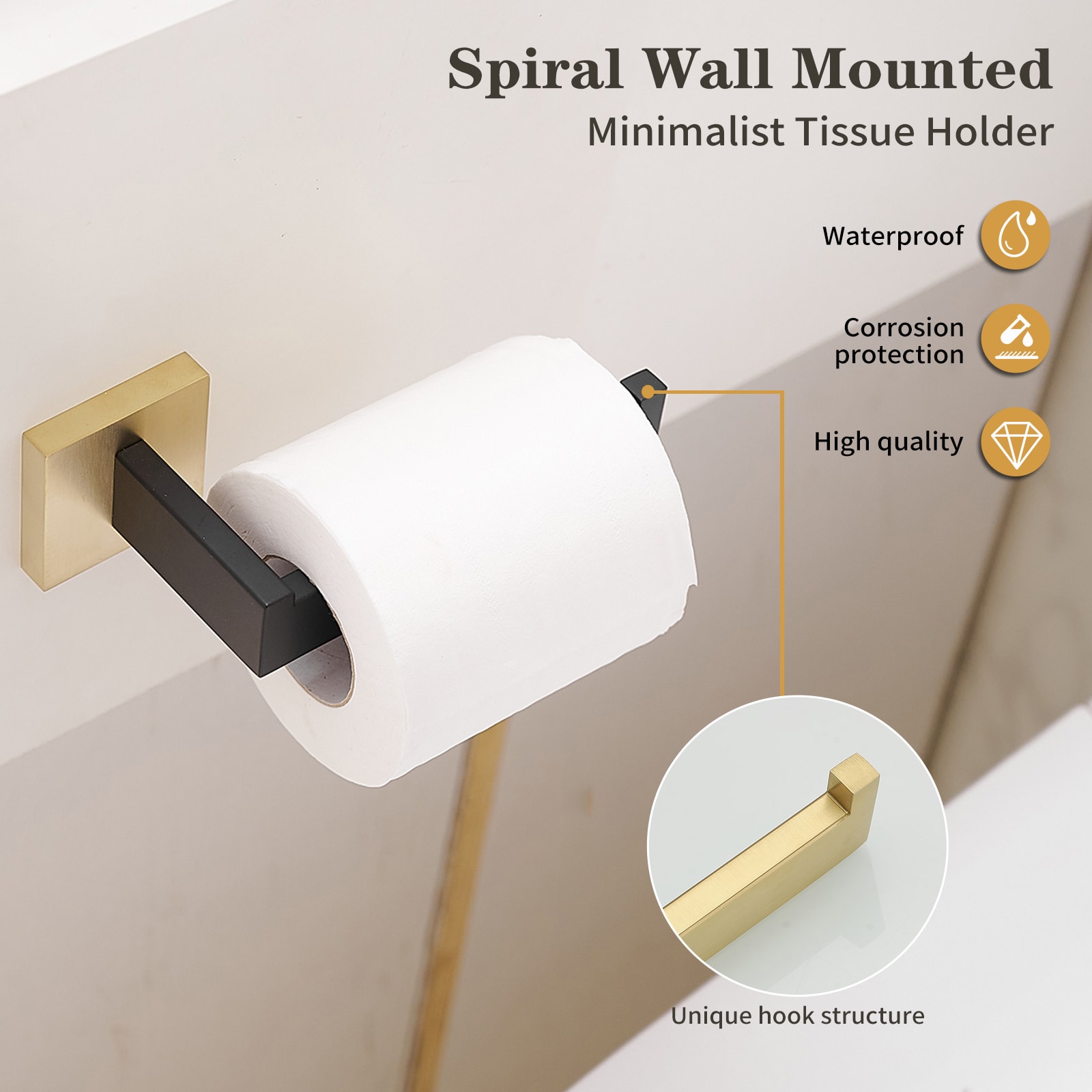 Juego de Accesorios de Baño Decorativos en Negro y Dorado de 5 Piezas - Barra para Toallas, Porta Papel de Baño, Gancho para Batas incluido A-91012-S-GB-1