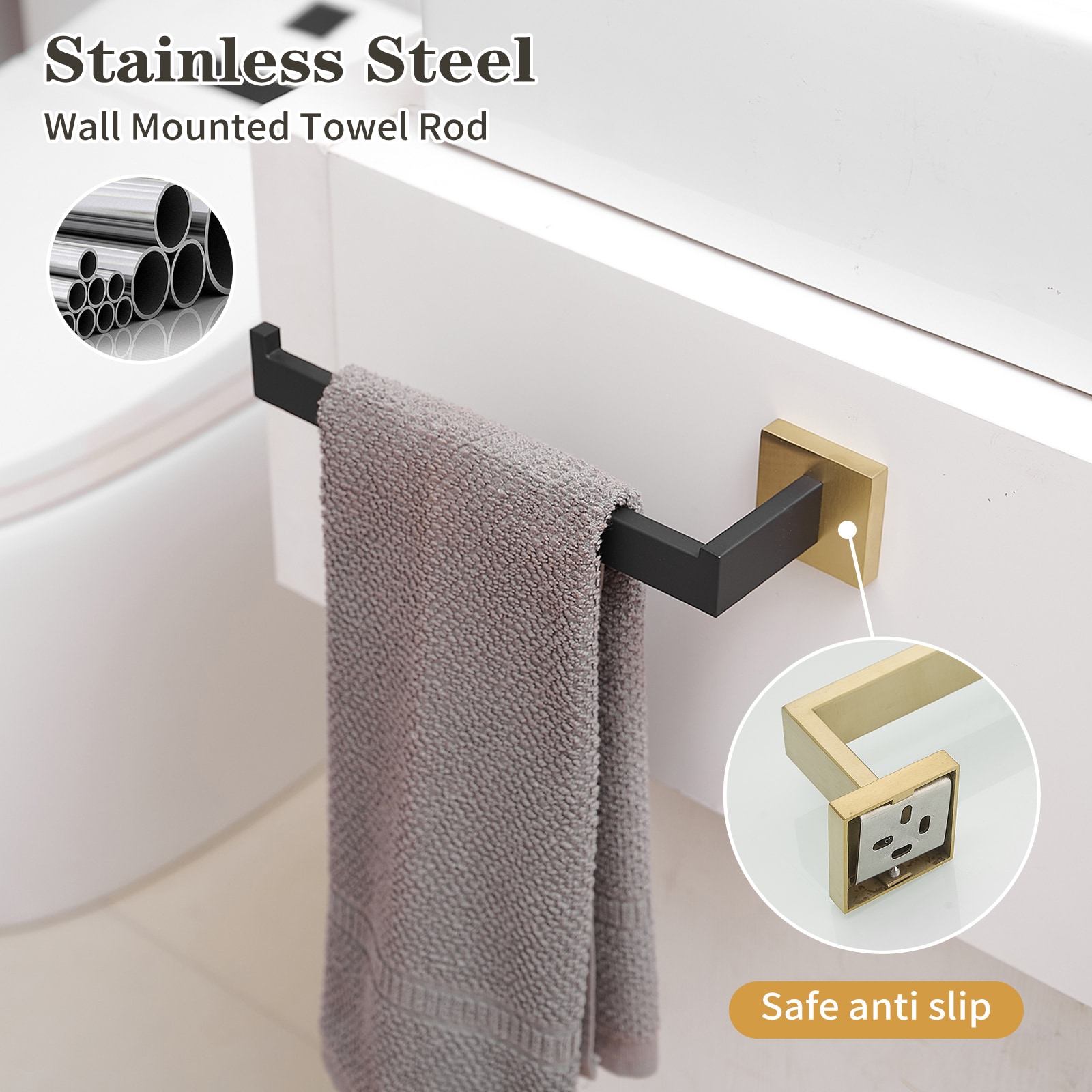 Juego de Accesorios de Baño Decorativos en Negro y Dorado de 5 Piezas - Barra para Toallas, Porta Papel de Baño, Gancho para Batas incluido A-91012-S-GB-1