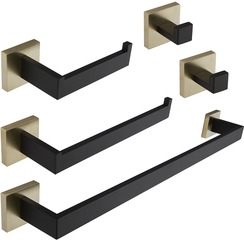 Juego de Accesorios de Baño Decorativos en Negro y Dorado de 5 Piezas - Barra para Toallas, Porta Papel de Baño, Gancho para Batas incluido A-91012-S-GB-1