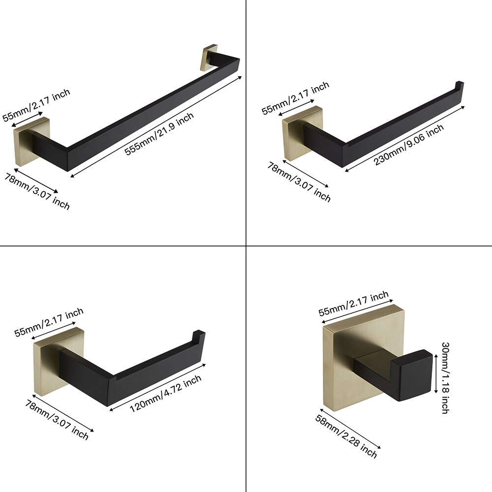 Juego de Accesorios de Baño Decorativos en Negro y Dorado de 5 Piezas - Barra para Toallas, Porta Papel de Baño, Gancho para Batas incluido A-91012-S-GB-1