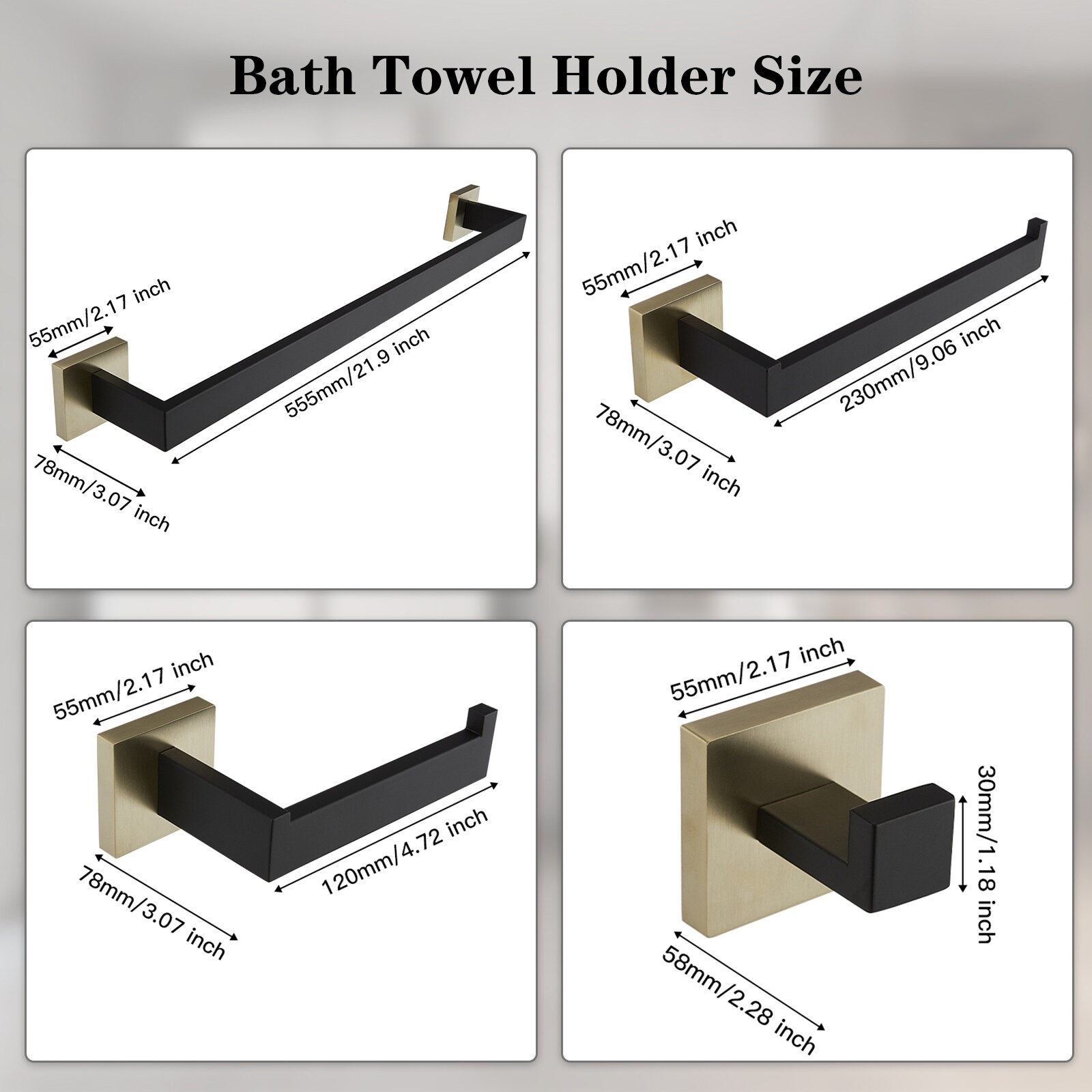Juego de Accesorios de Baño Decorativos en Negro y Dorado de 5 Piezas - Barra para Toallas, Porta Papel de Baño, Gancho para Batas incluido A-91012-S-GB-1
