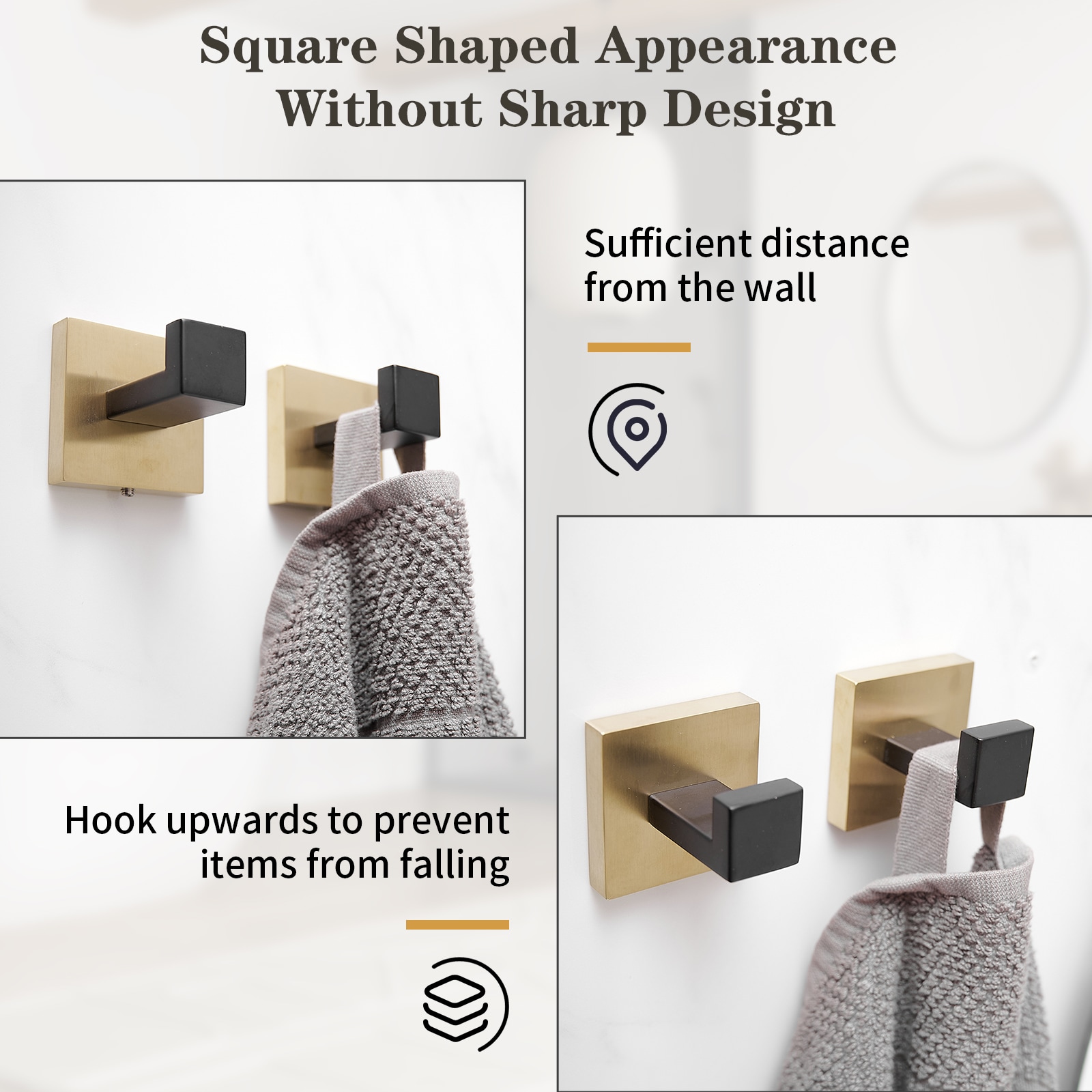 Juego de Accesorios de Baño Decorativos en Negro y Dorado de 5 Piezas - Barra para Toallas, Porta Papel de Baño, Gancho para Batas incluido A-91012-S-GB-1