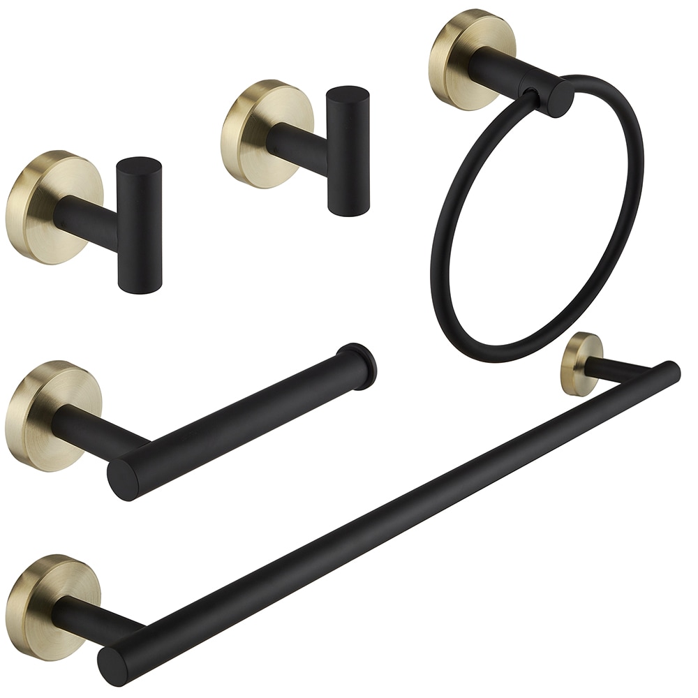 Juego de accesorios decorativos para baño en negro con detalles dorados de 5 piezas BWE - Barra para toallas, porta papel higiénico, anillo para toallas y gancho para batas incluidos A-91020-GB
