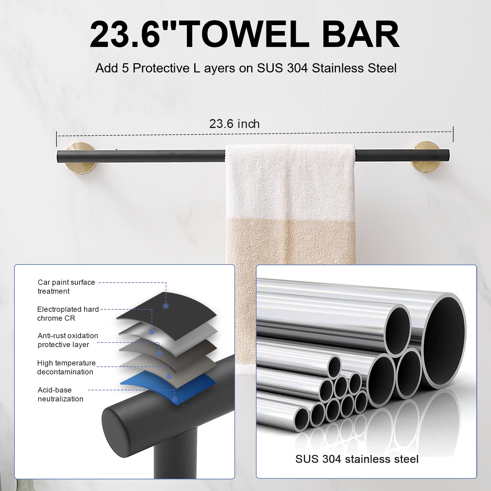 Juego de accesorios decorativos para baño en negro con detalles dorados de 5 piezas BWE - Barra para toallas, porta papel higiénico, anillo para toallas y gancho para batas incluidos A-91020-GB