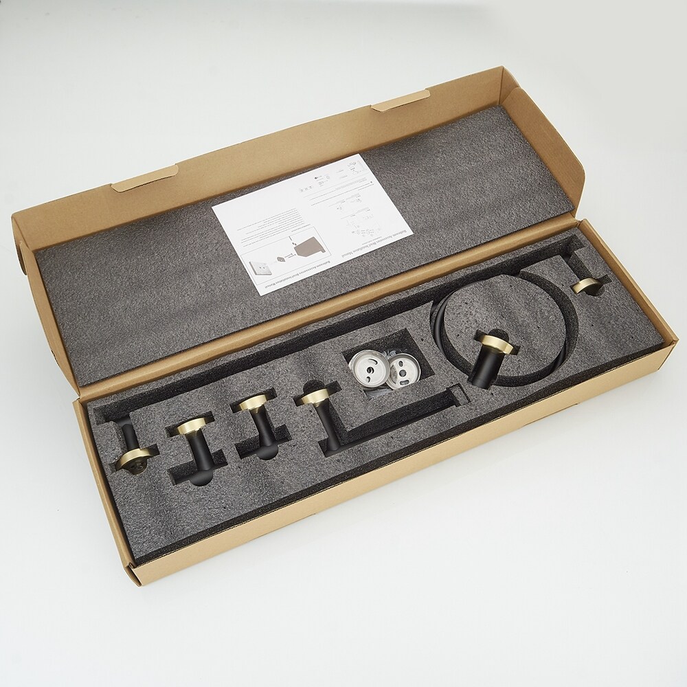 Juego de accesorios decorativos para baño en negro con detalles dorados de 5 piezas BWE - Barra para toallas, porta papel higiénico, anillo para toallas y gancho para batas incluidos A-91020-GB