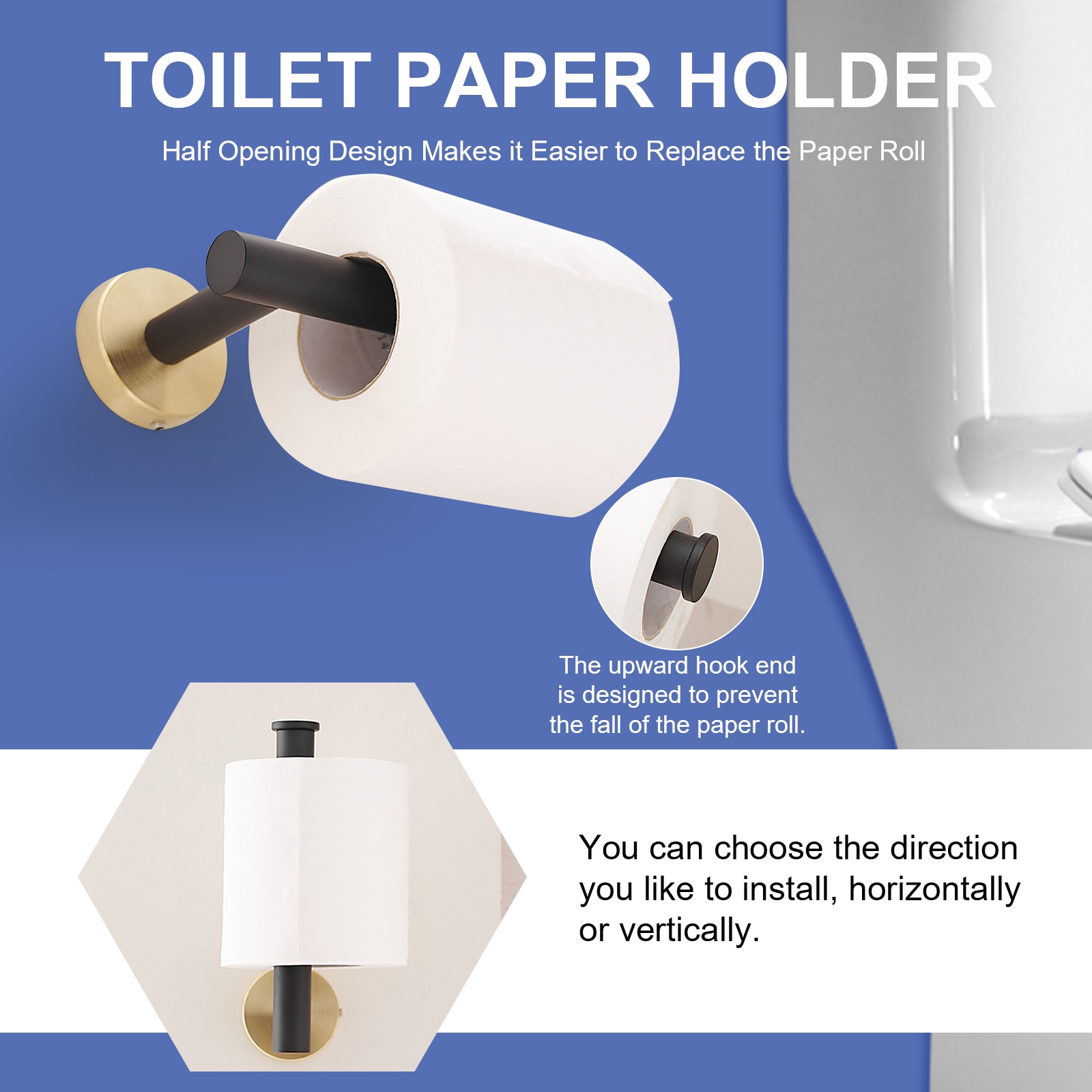 Juego de accesorios decorativos para baño en negro con detalles dorados de 5 piezas BWE - Barra para toallas, porta papel higiénico, anillo para toallas y gancho para batas incluidos A-91020-GB