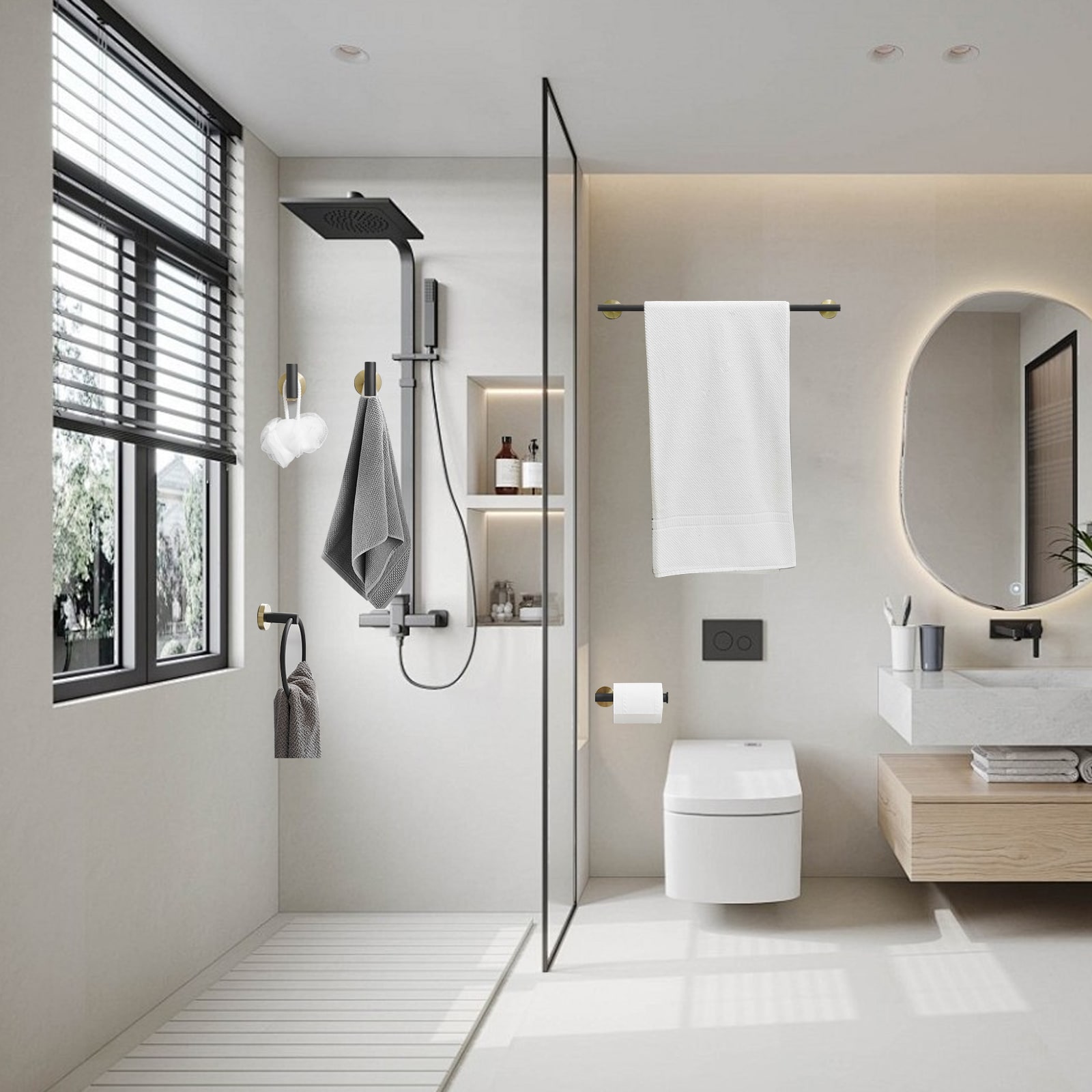 Juego de accesorios decorativos para baño en negro con detalles dorados de 5 piezas BWE - Barra para toallas, porta papel higiénico, anillo para toallas y gancho para batas incluidos A-91020-GB