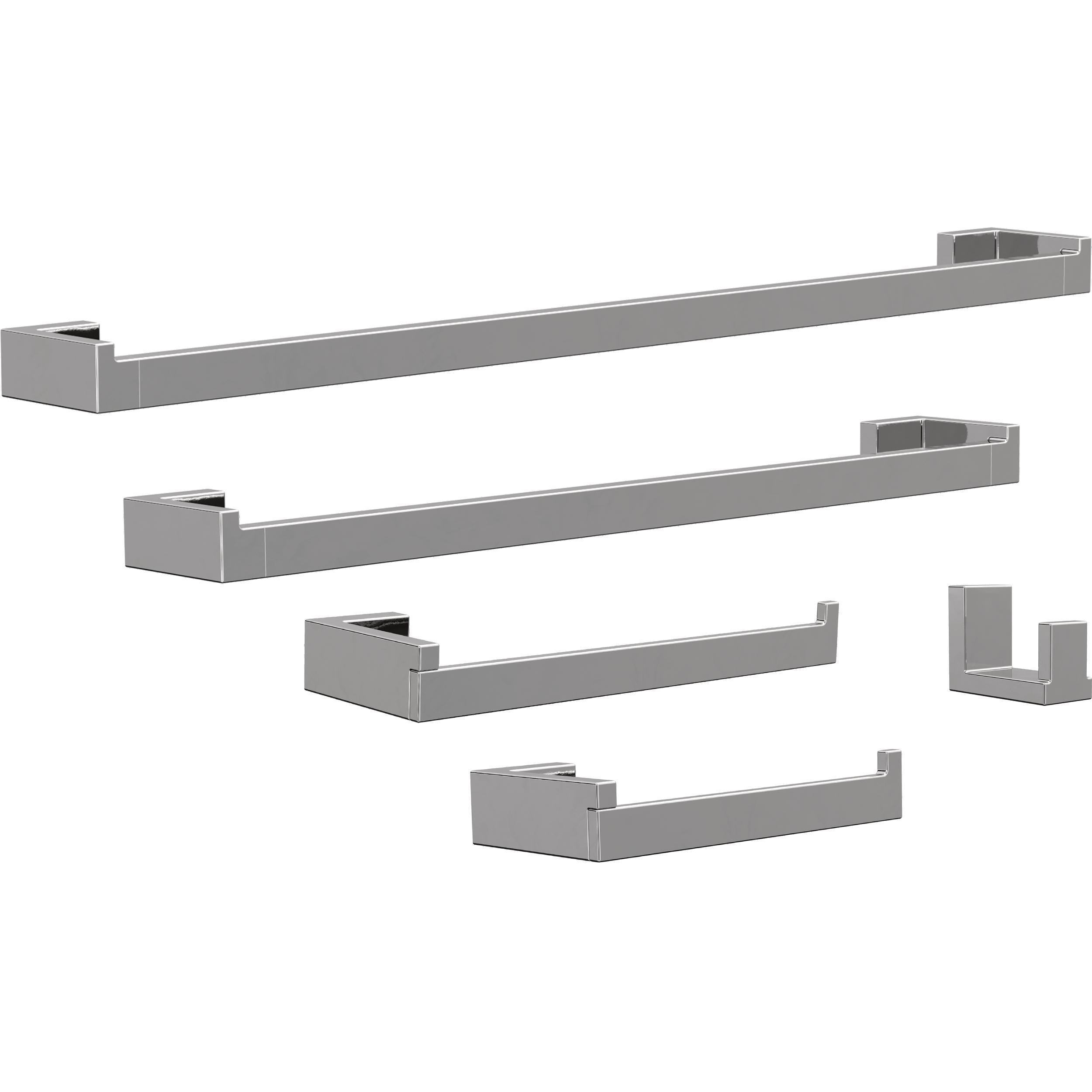 Set de accesorios de baño decorativos Beaufort de Cromo Pulido de 5 piezas de Franklin Brass. Incluye barra de toallas, porta papel higiénico, anillo de toallas, y gancho para batas.