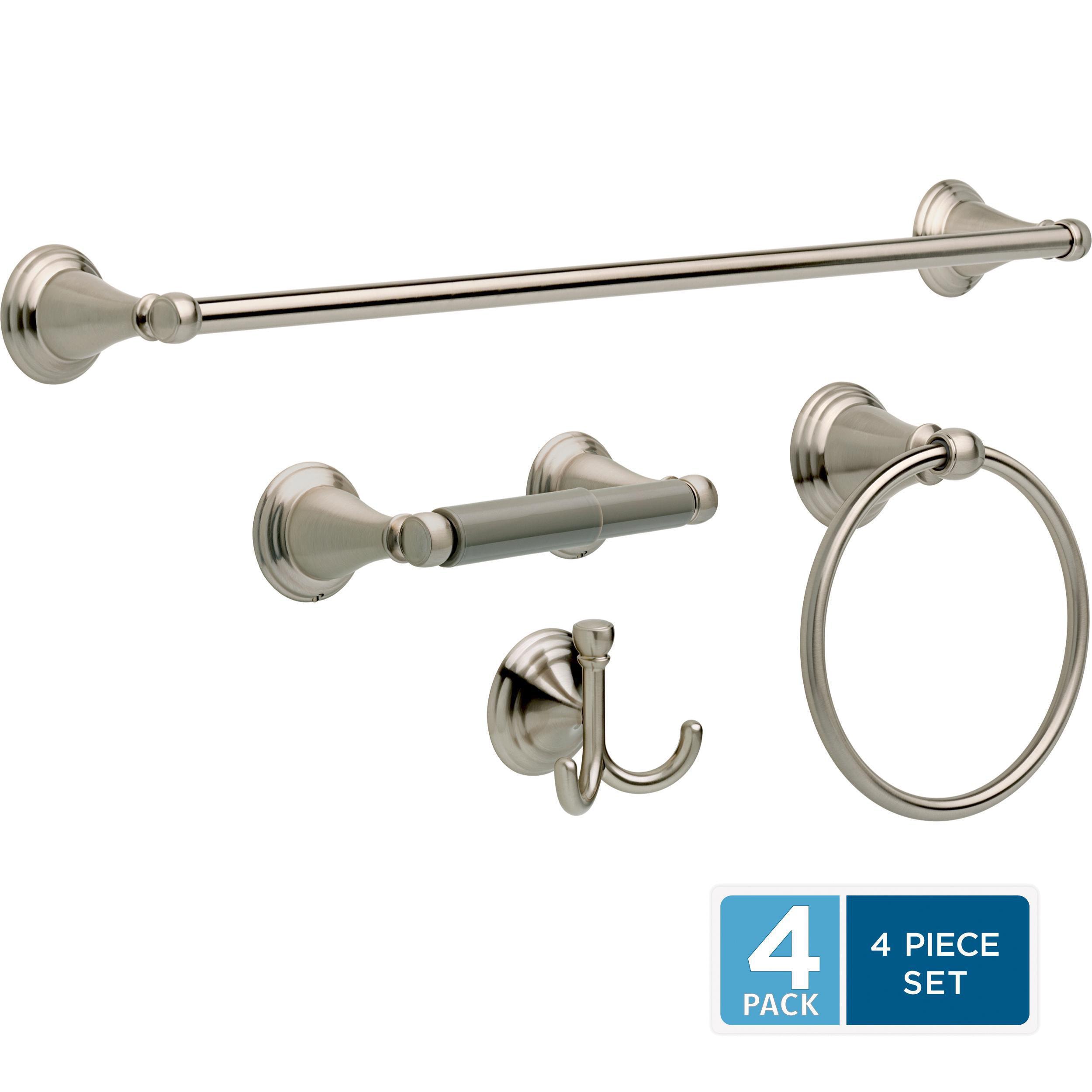 Juego de Accesorios Decorativos para Baño de 4 Piezas en Níquel Cepillado con Protección contra Manchas estilo Windemere de Delta - Incluye Barra de Toalla, Porta Papel Higiénico, Anillo para Toalla y Gancho para Bata WIN64-BN-VK
