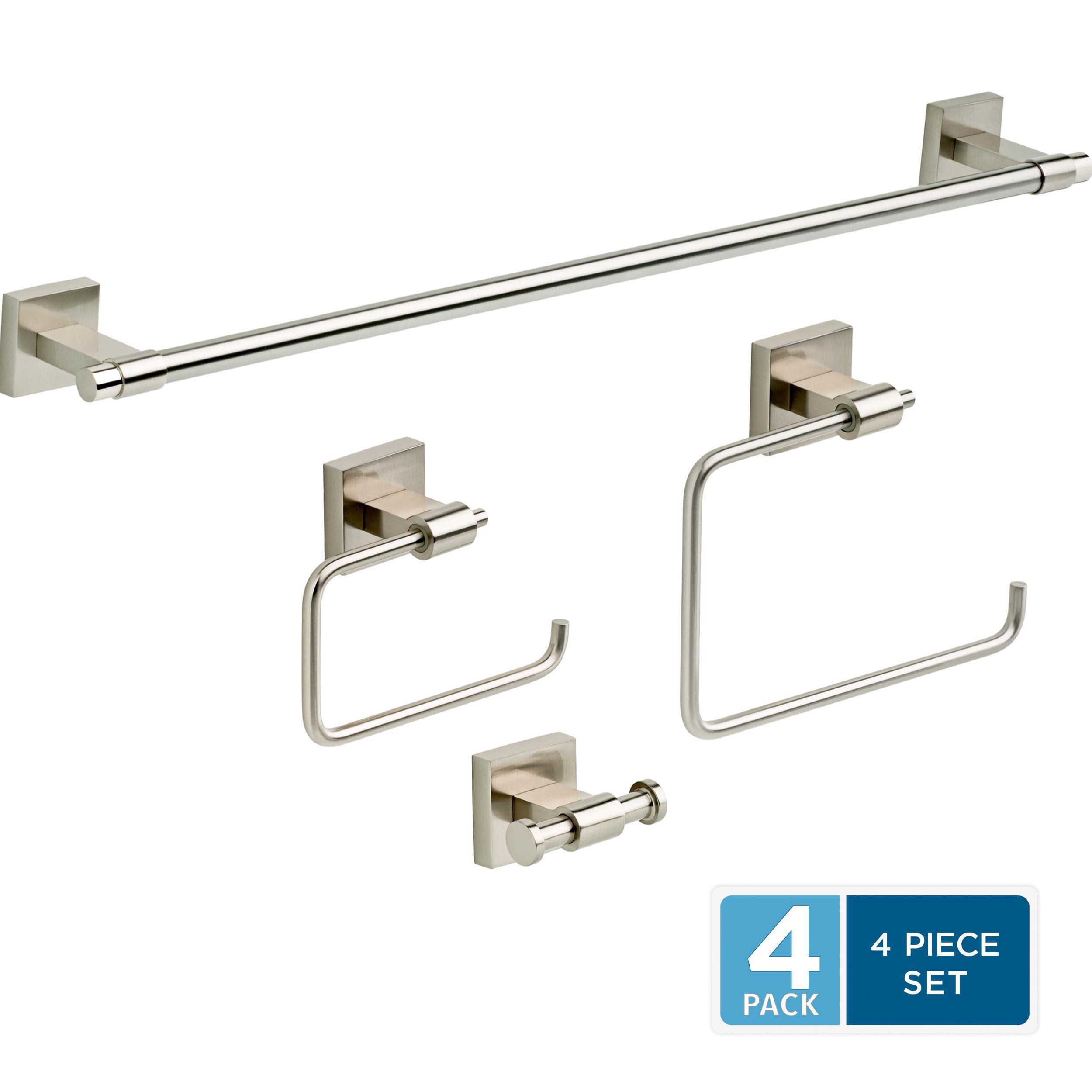 Juego de accesorios de baño decorativos en níquel satinado de 4 piezas Maxted de Franklin Brass: Barra de toalla, Portarrollos de papel, Anillo de toalla y Gancho para batas incluidos MAX64-SN-VK