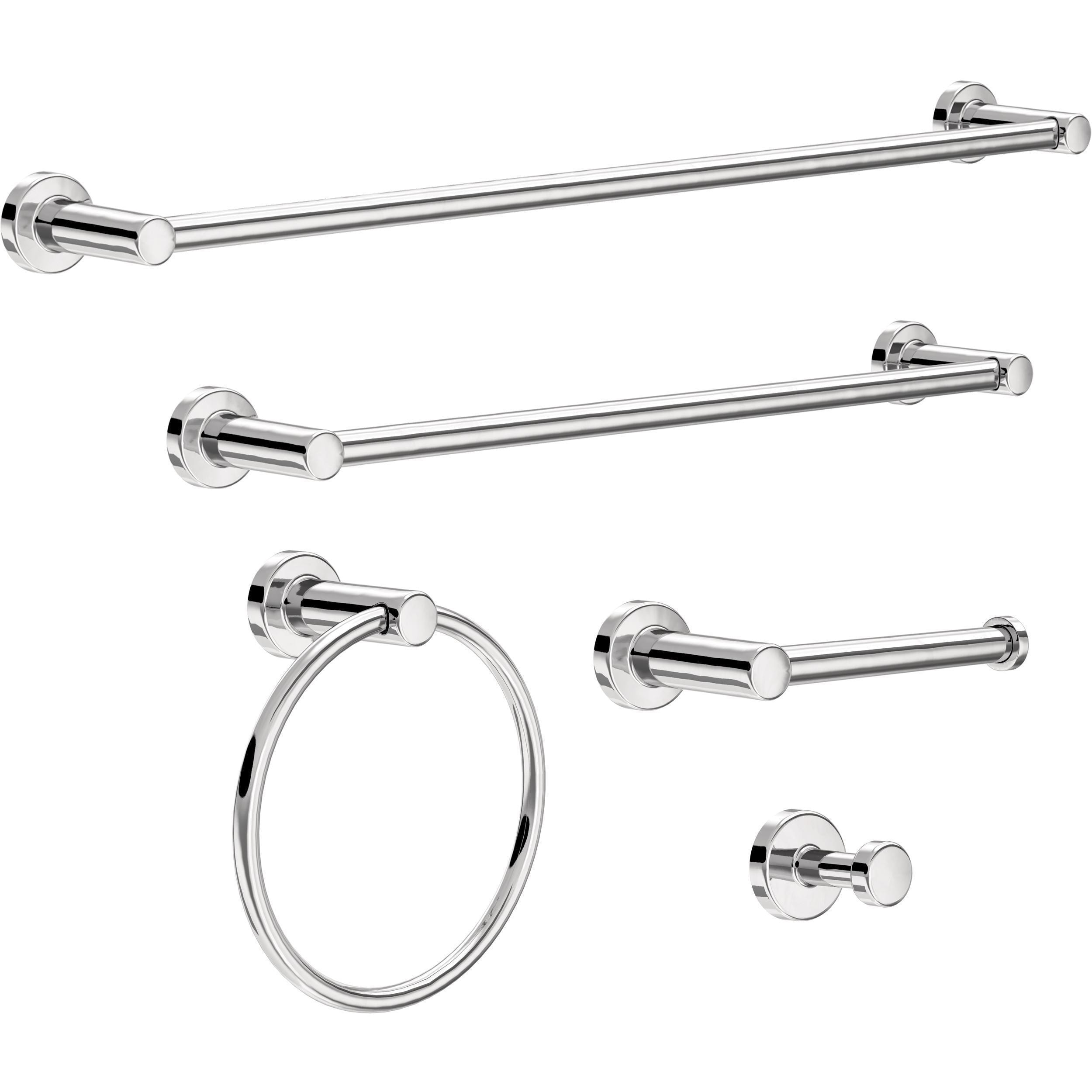 Juego de 5 piezas de accesorios de baño decorativos en cromo pulido Franklin Brass "Wake", incluye barra de toallas, porta papel higiénico, anillo de toallas y gancho para batas. WAK65-PC.