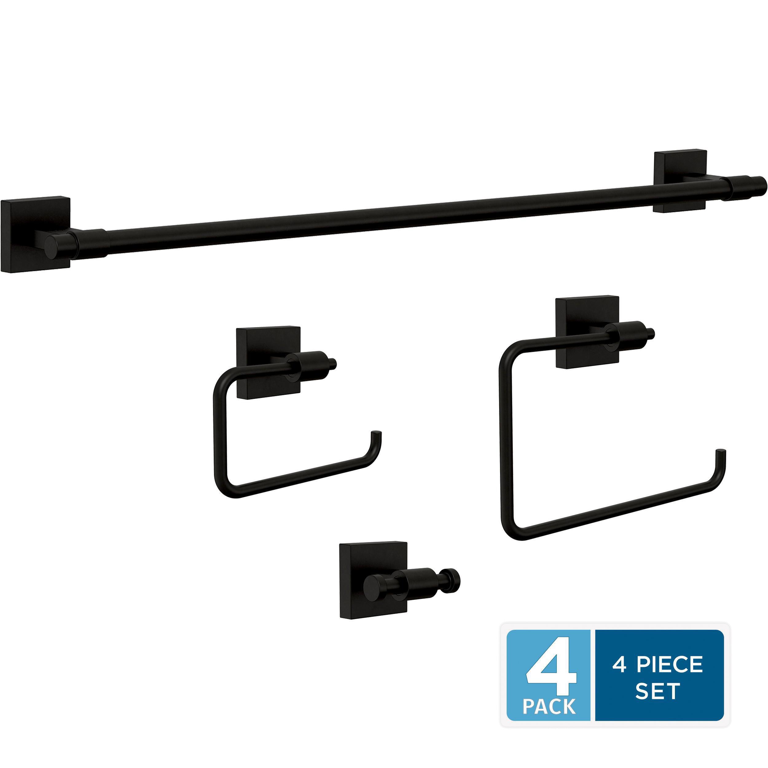 Juego de accesorios de baño decorativos Franklin Brass Maxted en negro mate de 4 piezas: barra de toallas, portarrollos de papel, argolla porta toallas y gancho para batas incluidos MAX64-FB-VK