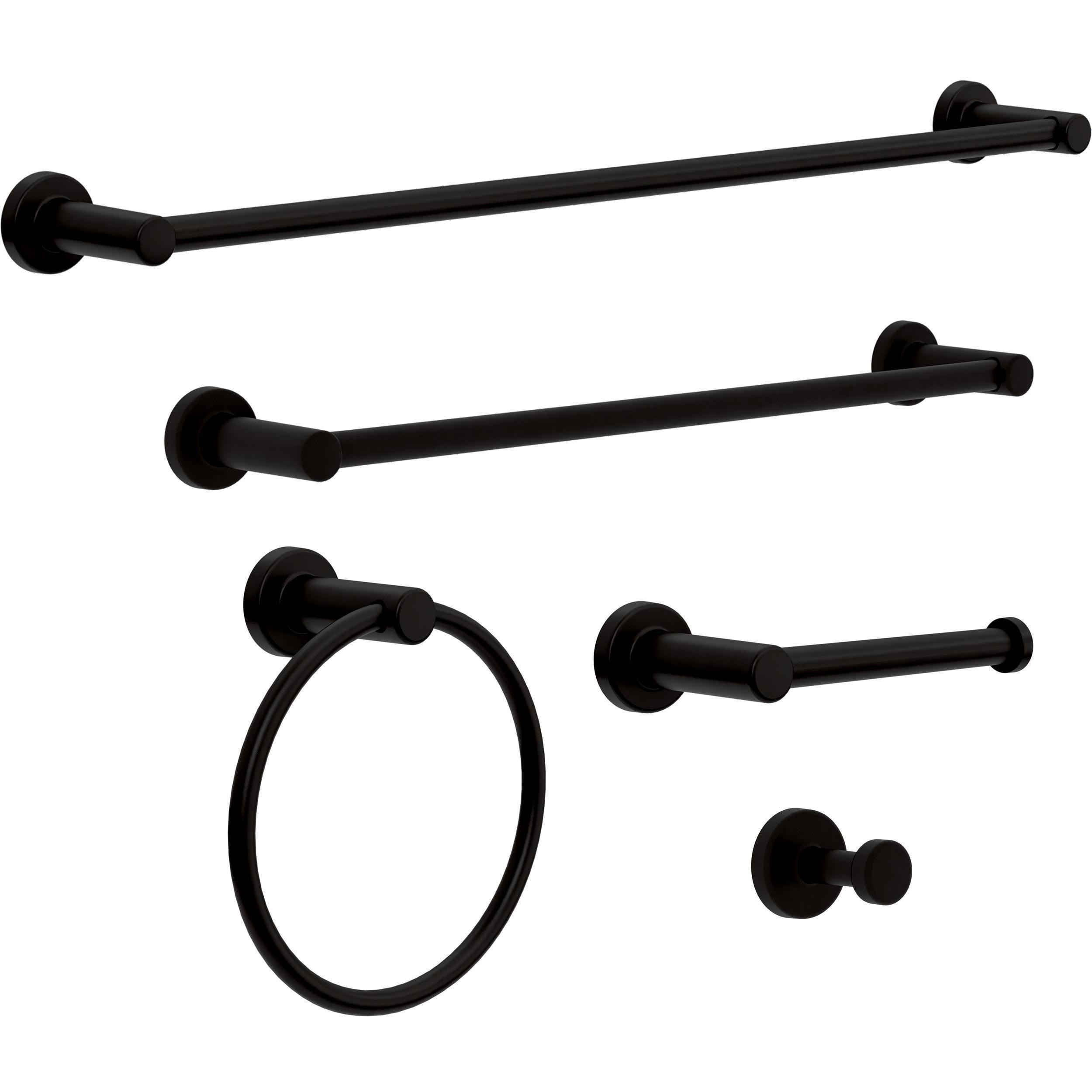 Juego de Baño Decorativo Negro Mate de 5 piezas Franklin Brass Wake: Barra para Toallas, Porta Papel Higiénico, Argolla para Toallas, Gancho para Batas incluido WAK65-MB