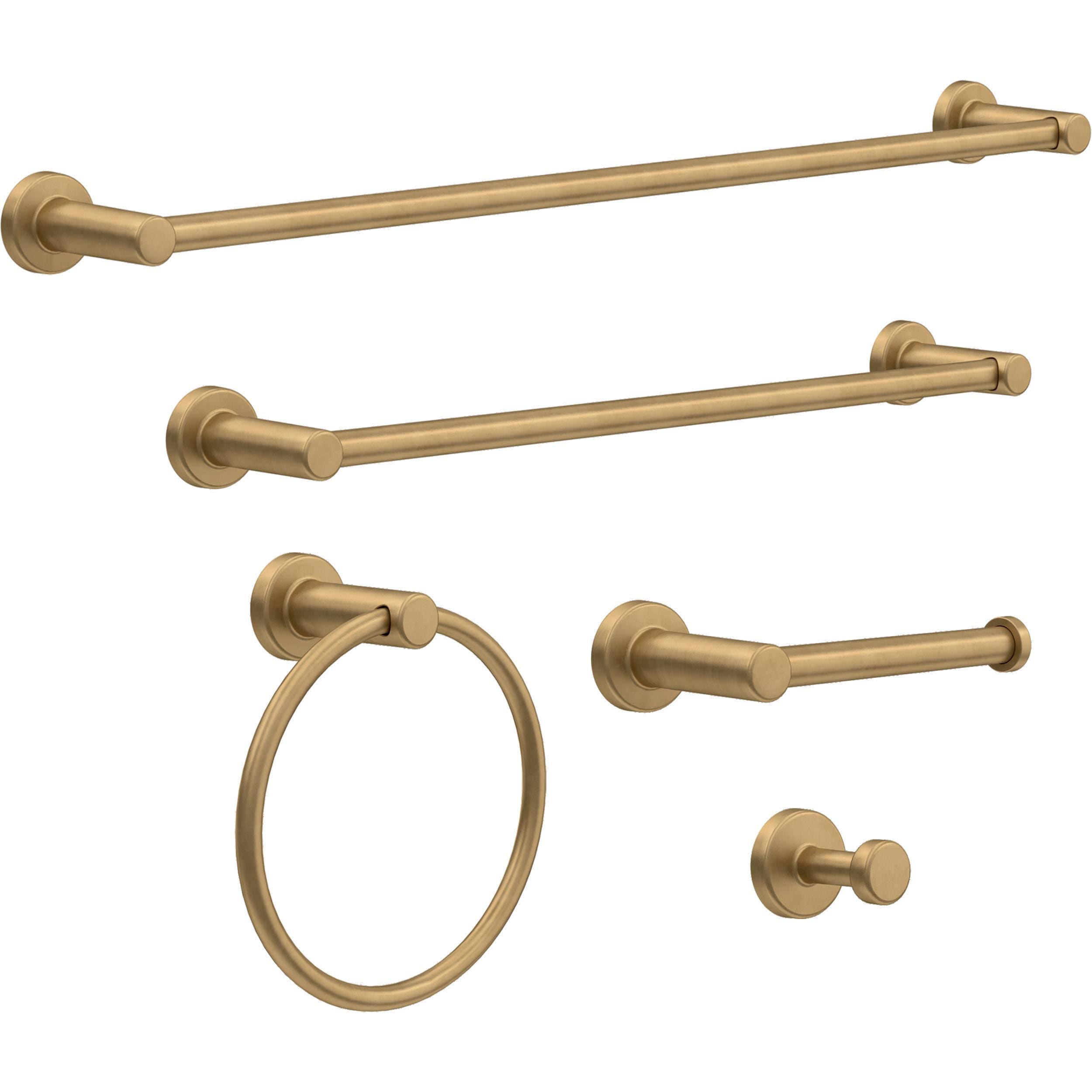 Conjunto de Accesorios para Baño Satinado de Oro de 5 Piezas Franklin Brass Wake - Barra de Toalla, Portarrollos de Papel, Anillo de Toalla, Gancho para Bata Incluido WAK65-BB