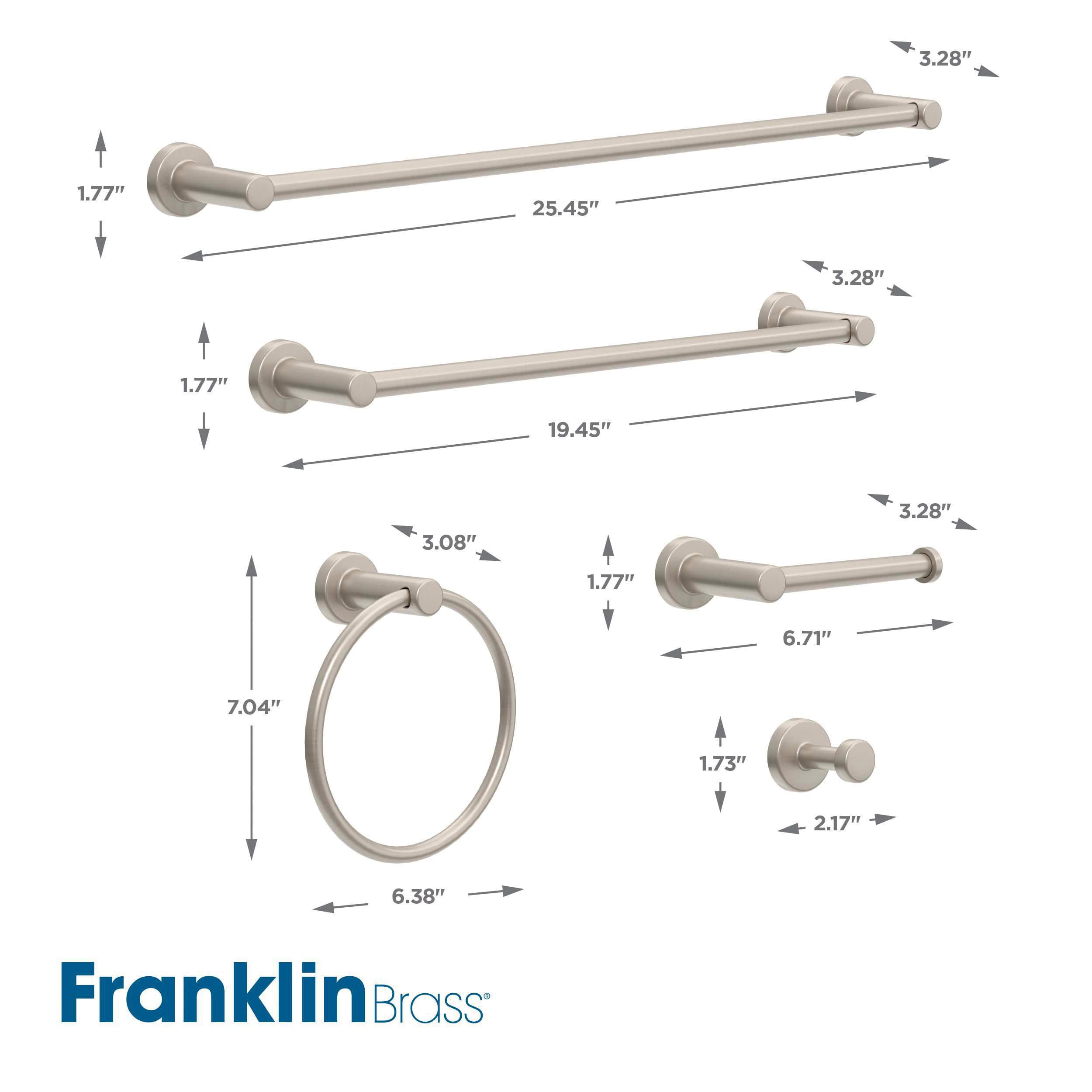 Juego de Accesorios Decorativos para Baño Franklin Brass de 5 Piezas en Níquel Satinado Wake: Barra de Toallas, Porta Papel, Argolla para Toallas, Gancho para Batas incluidos WAK65-BN