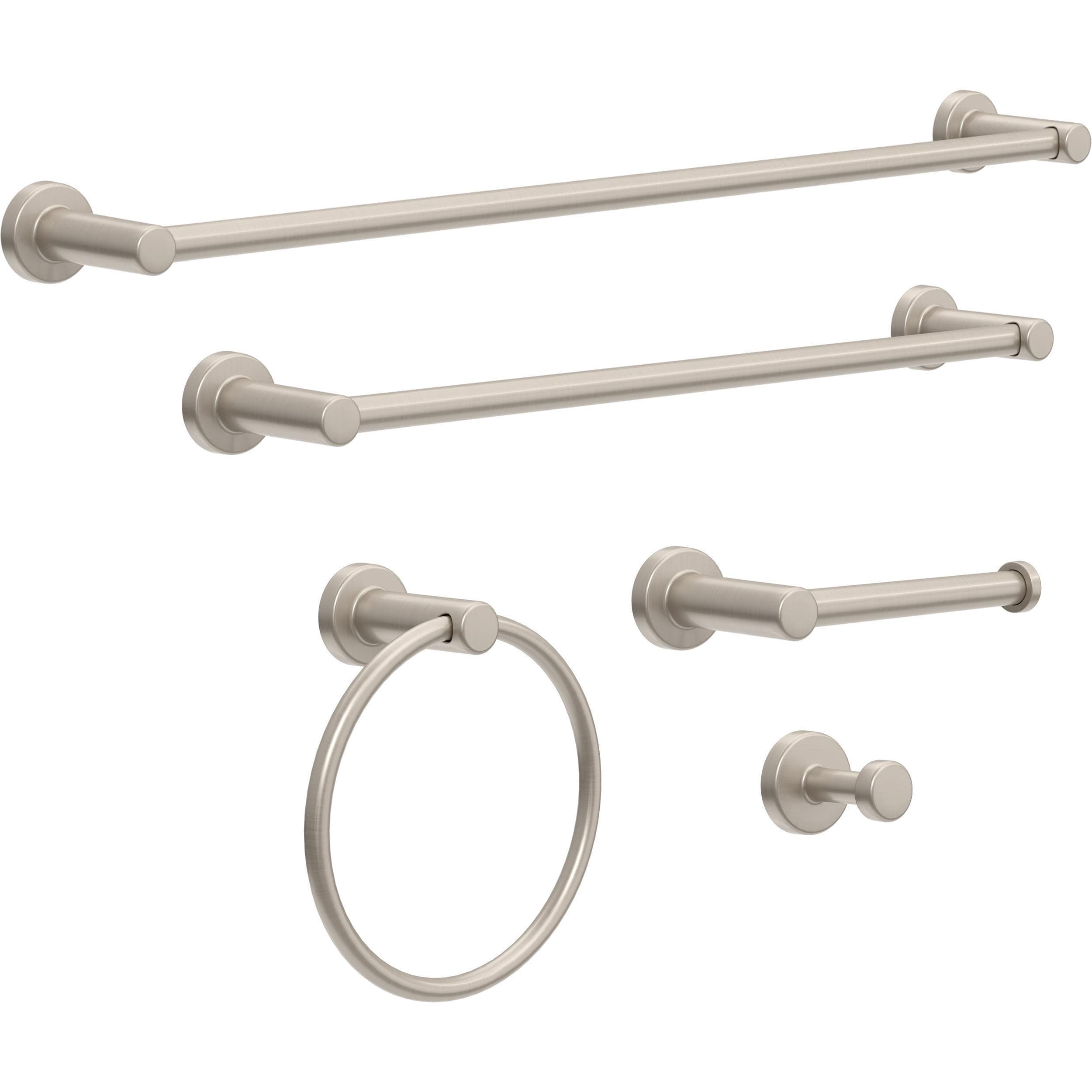 Juego de Accesorios Decorativos para Baño Franklin Brass de 5 Piezas en Níquel Satinado Wake: Barra de Toallas, Porta Papel, Argolla para Toallas, Gancho para Batas incluidos WAK65-BN