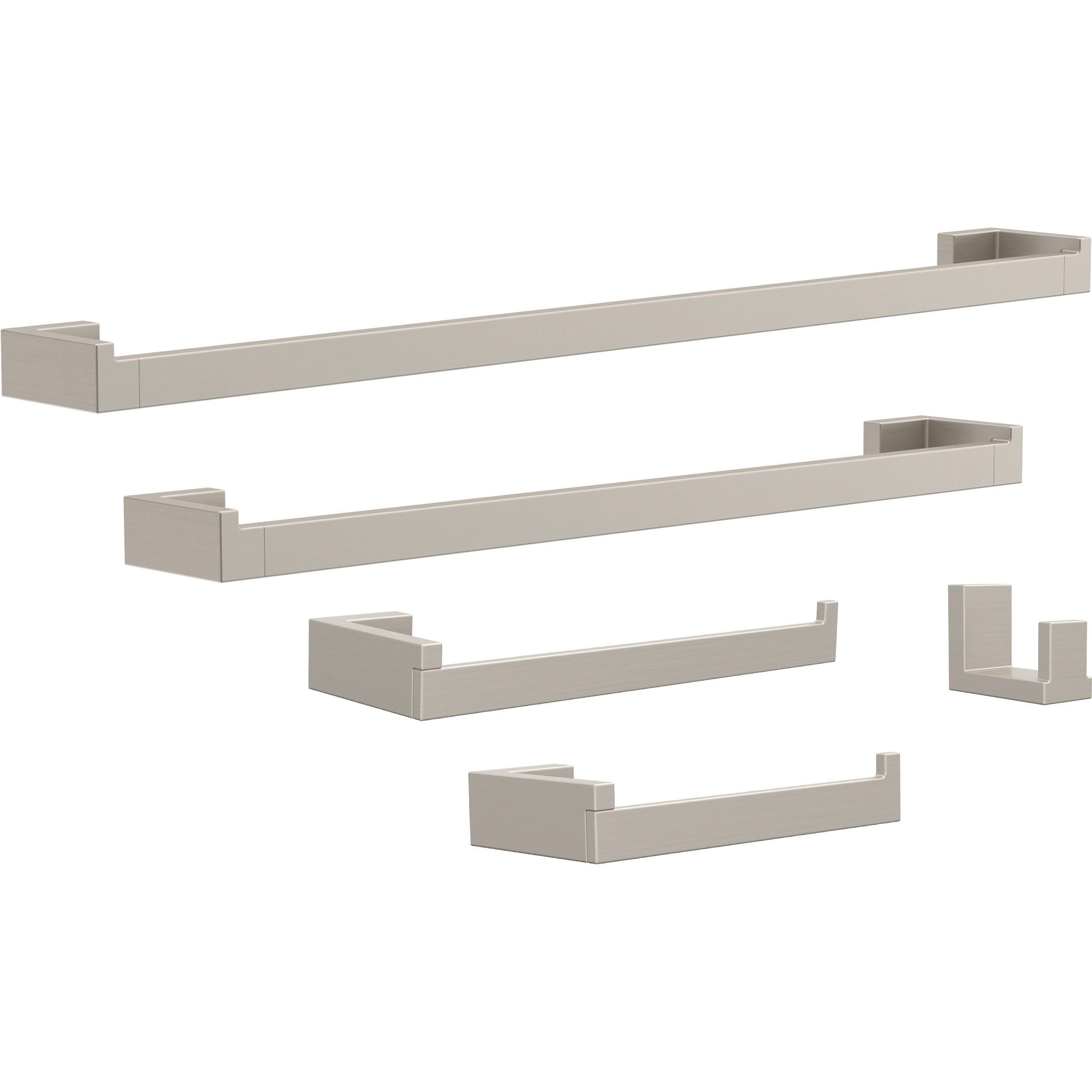 Juego de accesorios de baño decorativos de 5 piezas en níquel satinado Beaufort - Barra para toallas, porta papel, argolla para toallas y gancho para batas incluidos BFT65-BN