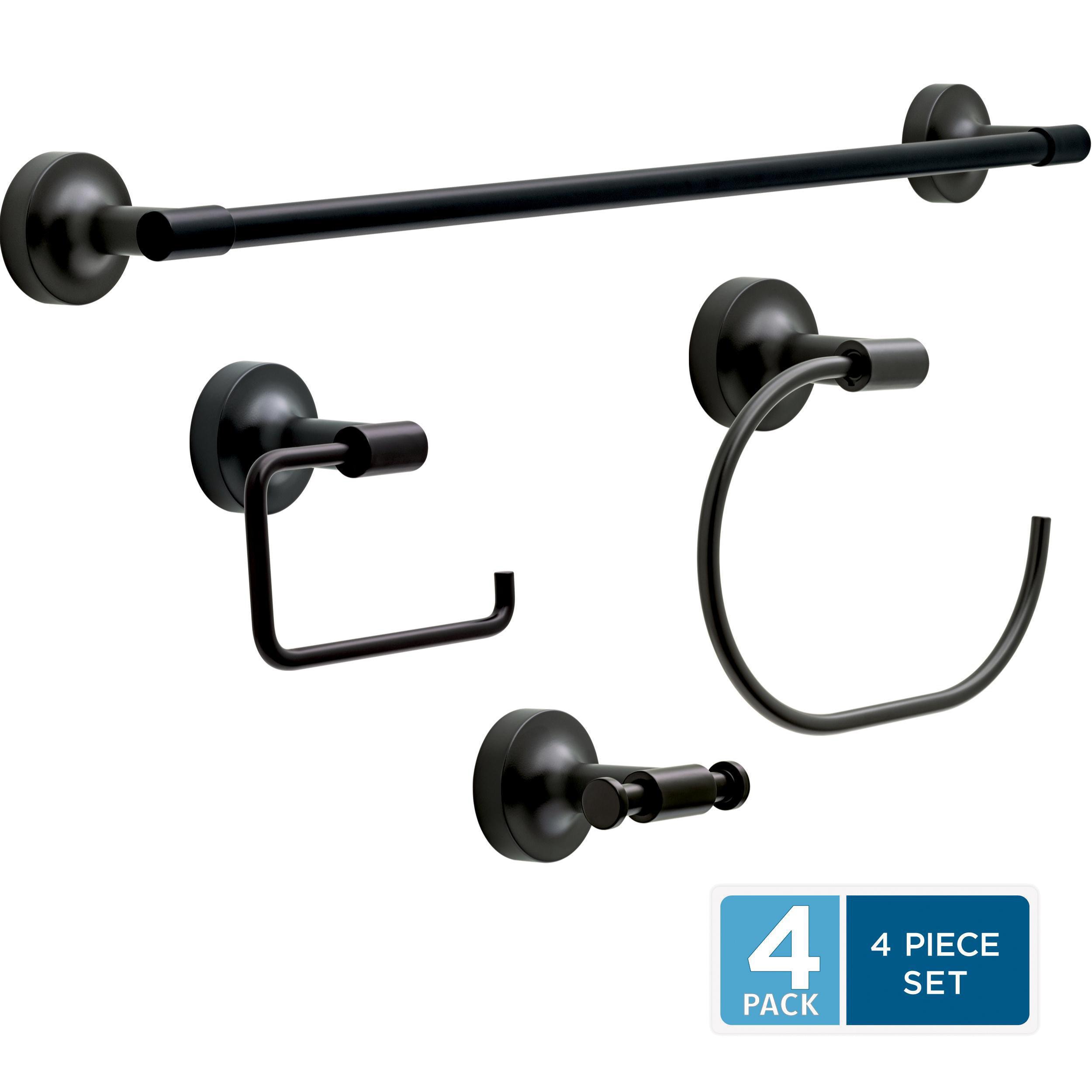Juego de accesorios decorativos para baño en negro mate de 4 piezas Franklin Brass Voisin - Barra para toallas, porta papel higiénico, anillo para toallas y gancho para batas incluidos VOI64-MB-VK