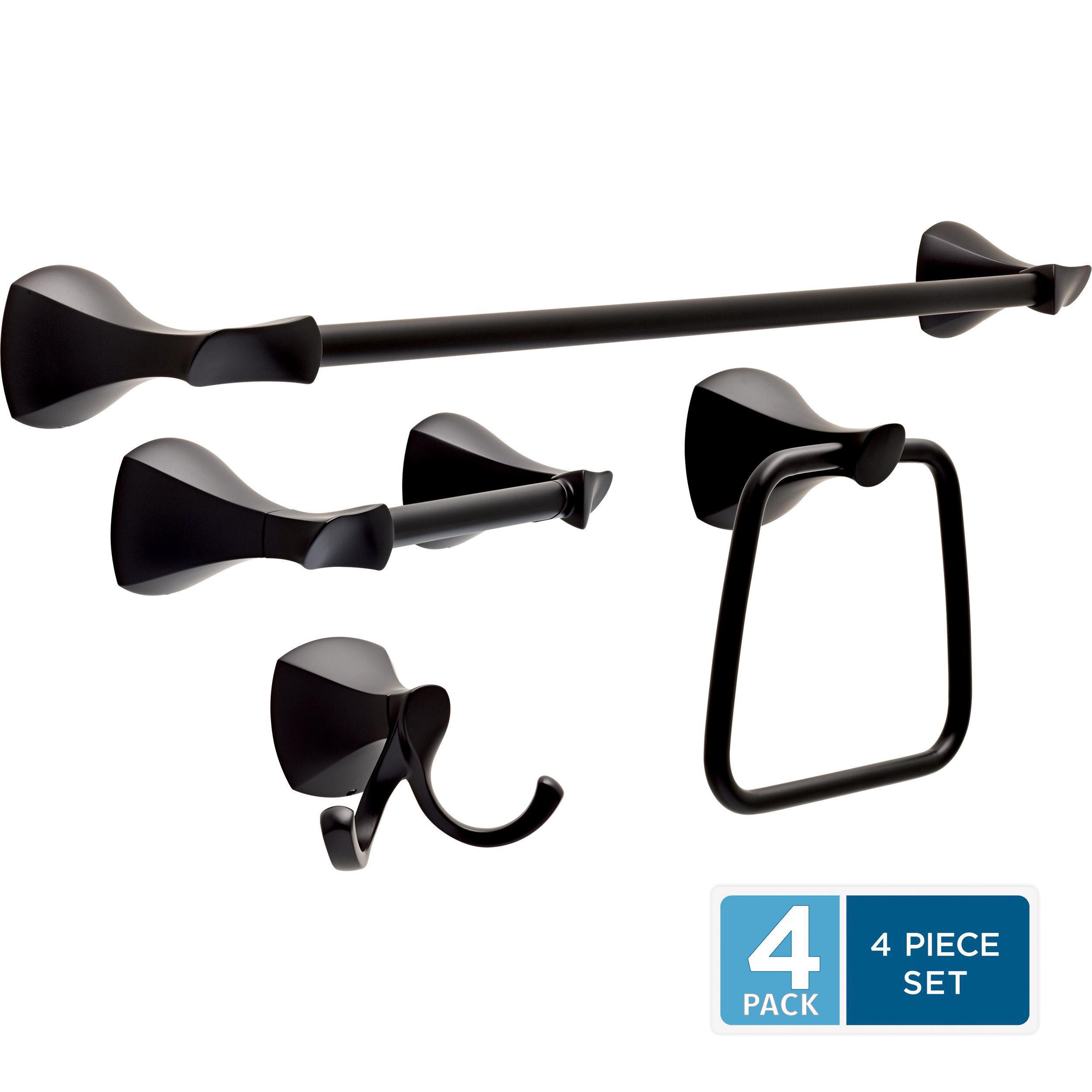 Juego de Accesorios de Baño Decorativos Matte Black de 4 Piezas Delta Sandover - Barra de Toalla, Porta Papel, Argolla de Toalla, Gancho para Bata incluido SAN64-FB-VK