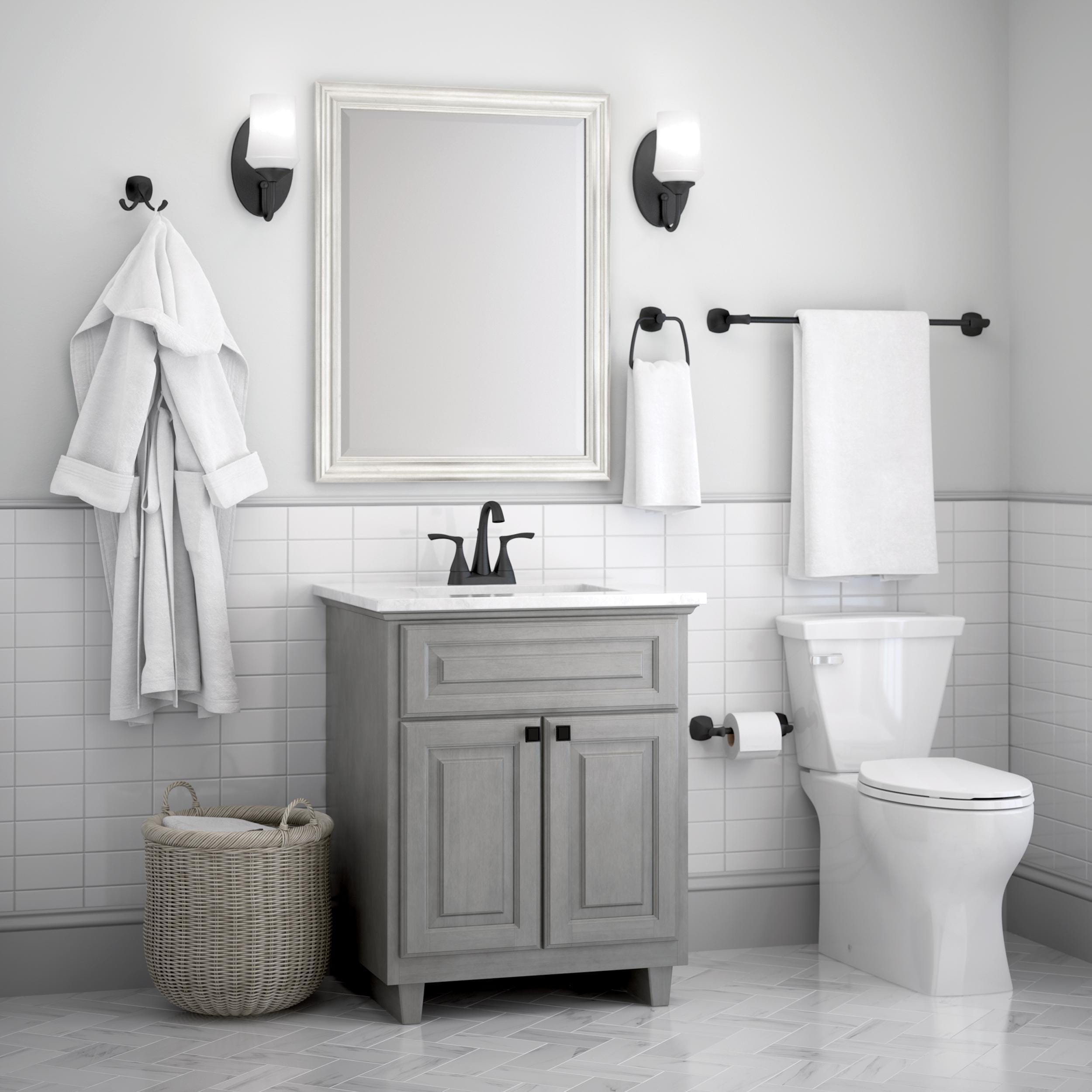 Juego de Accesorios de Baño Decorativos Matte Black de 4 Piezas Delta Sandover - Barra de Toalla, Porta Papel, Argolla de Toalla, Gancho para Bata incluido SAN64-FB-VK