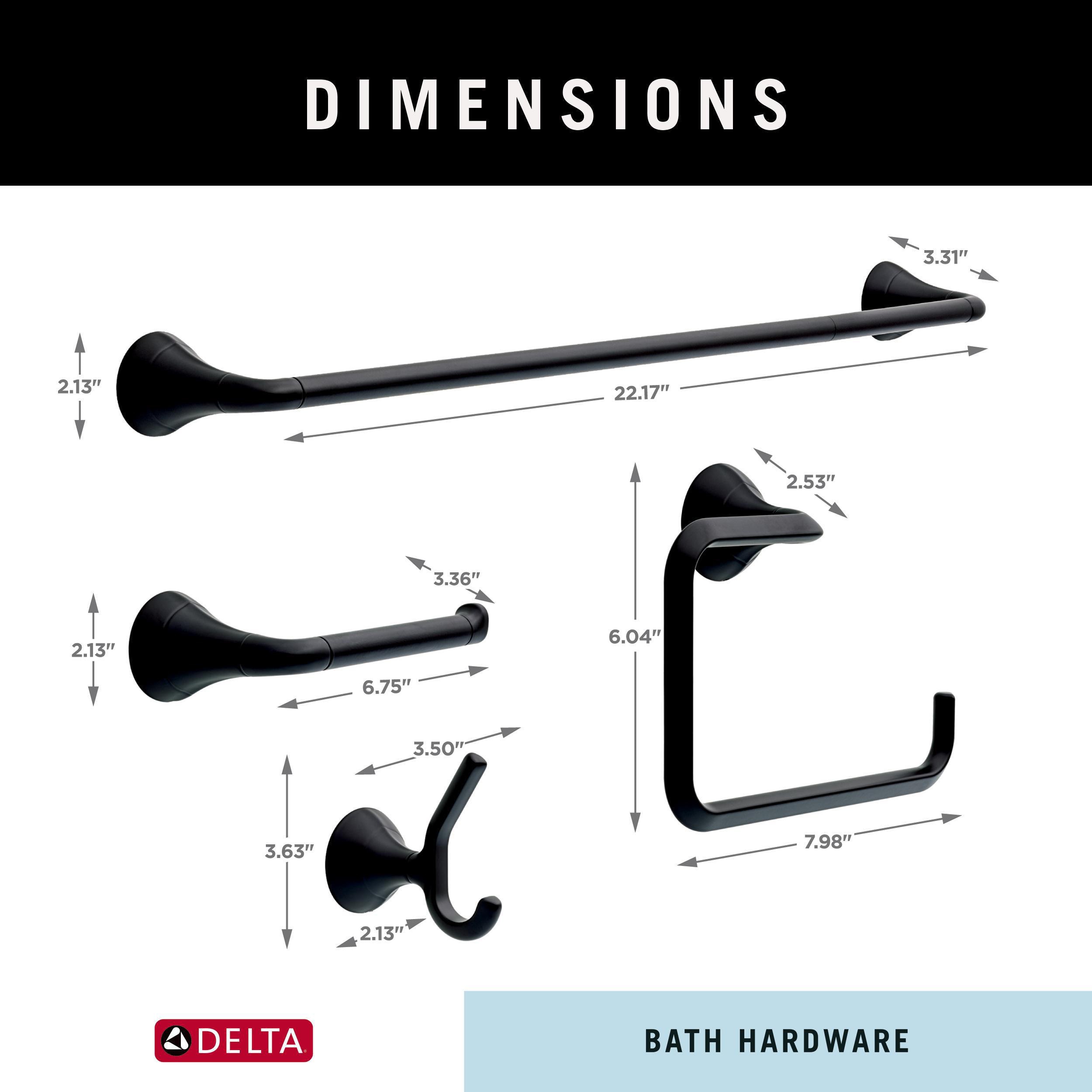 Juego de accesorios decorativos para baño en negro mate Delta Eldren de 4 piezas: Porta papel higiénico, argolla para toallas, gancho para batas incluidos ELD64-MB