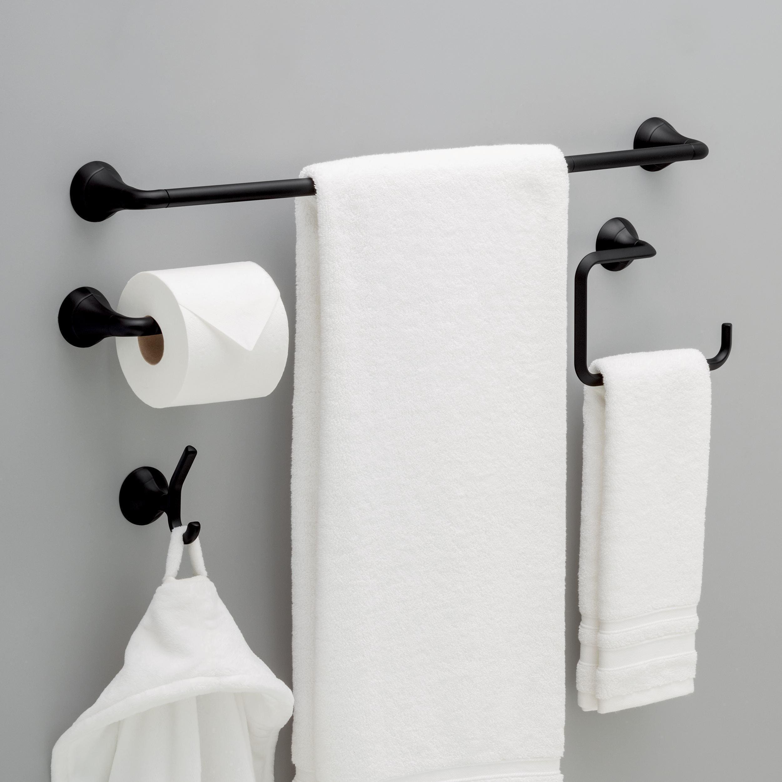 Juego de accesorios decorativos para baño en negro mate Delta Eldren de 4 piezas: Porta papel higiénico, argolla para toallas, gancho para batas incluidos ELD64-MB