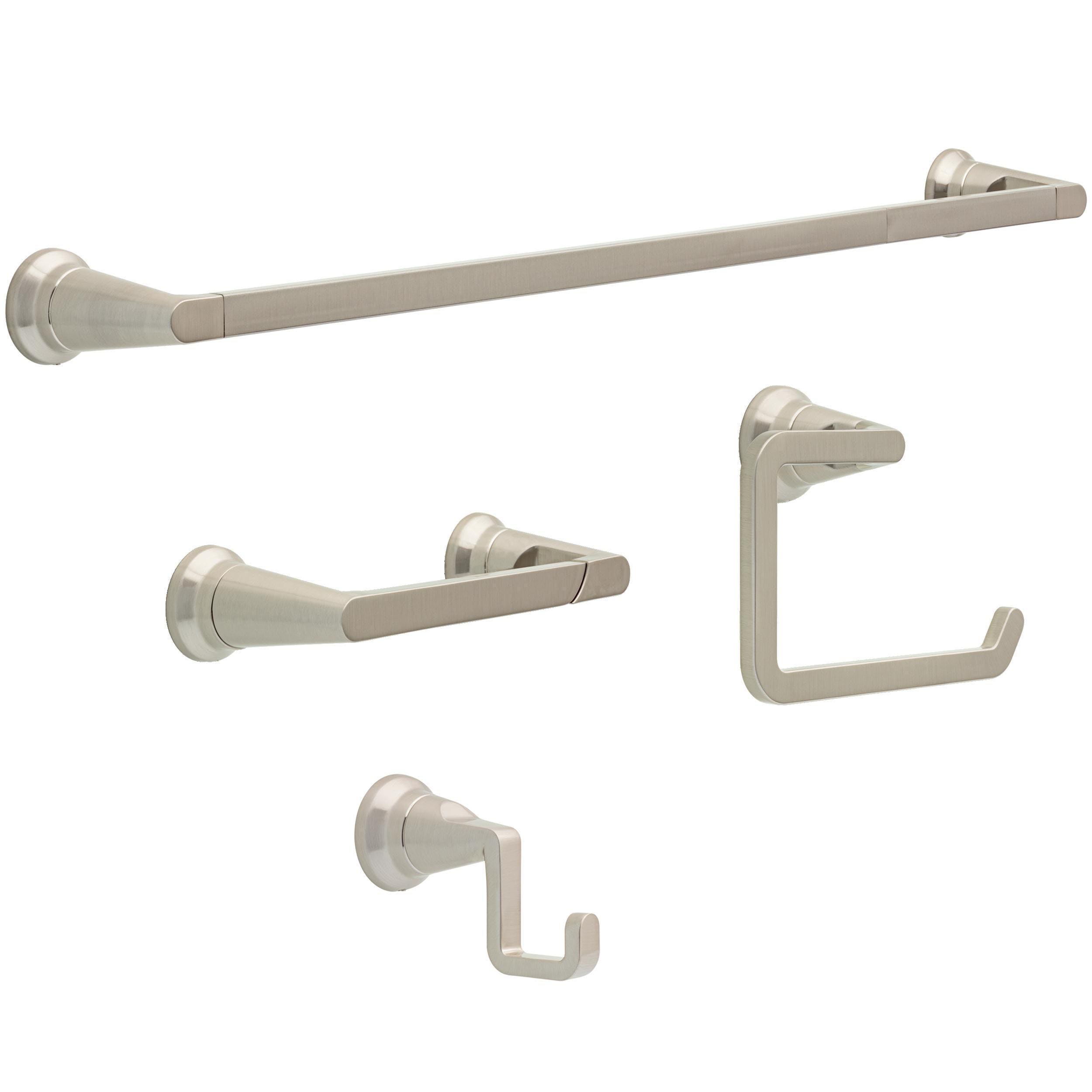 Set de accesorios decorativos para baño en níquel cepillado con tecnología Spotshield de Delta, incluye portarrollos, toallero y gancho para batas (SPR64-BN)