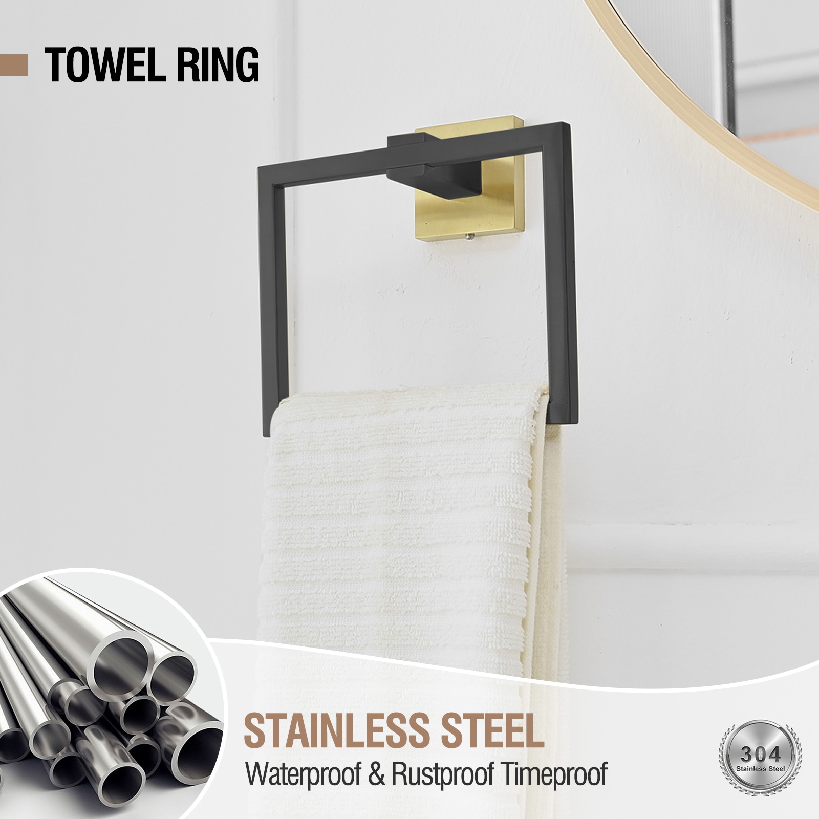 Juego de Accesorios de Baño Decorativos en Negro y Dorado de 5 Piezas - Incluye Barra para Toallas, Porta Papel Higiénico, Anillo para Toallas y Gancho para Batas - Modelo A-91012-S-BG-2