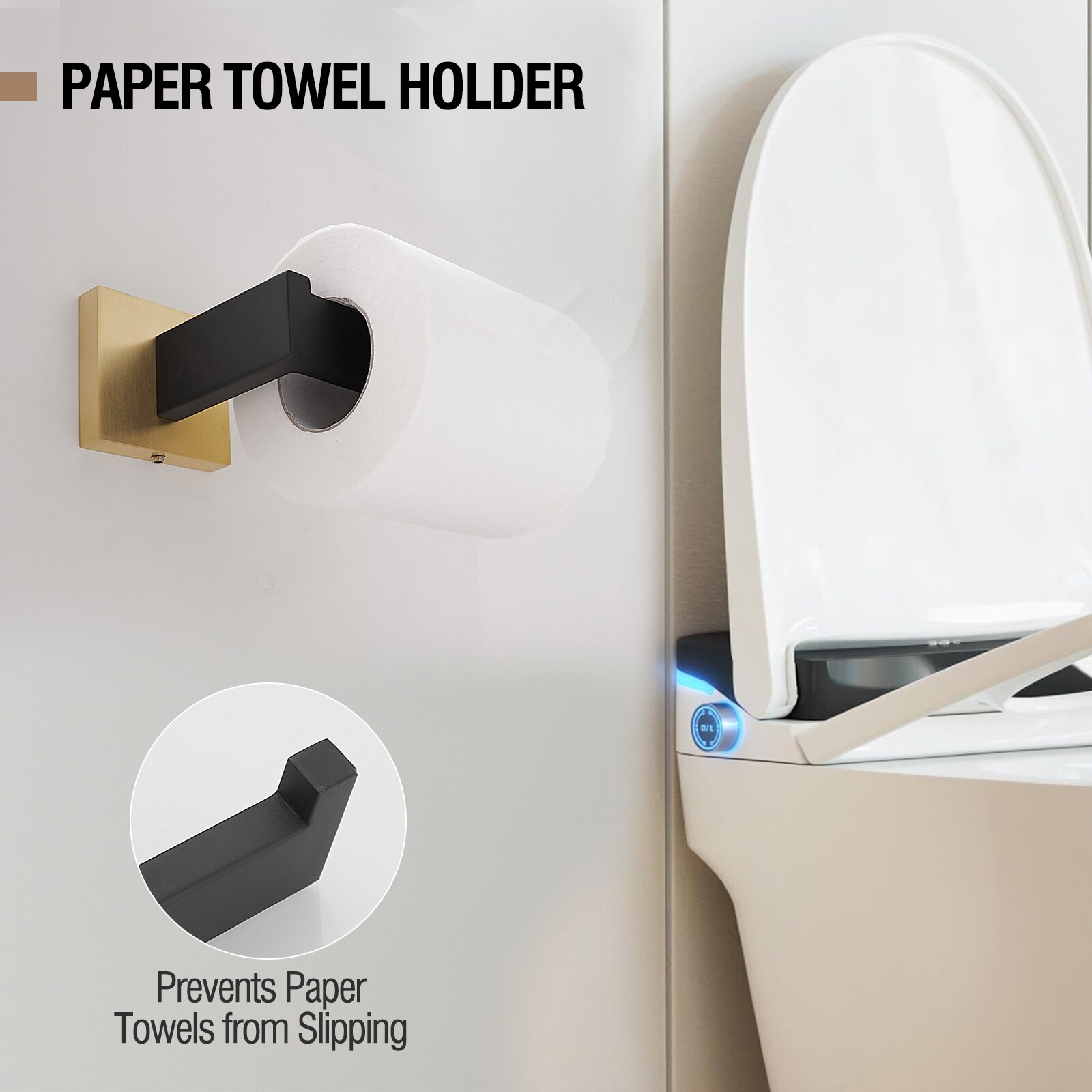 Juego de Accesorios de Baño Decorativos en Negro y Dorado de 5 Piezas - Incluye Barra para Toallas, Porta Papel Higiénico, Anillo para Toallas y Gancho para Batas - Modelo A-91012-S-BG-2