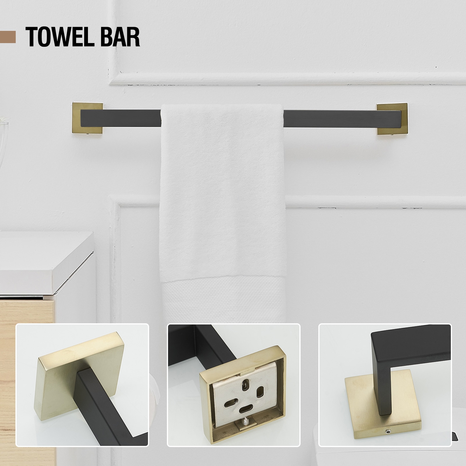 Juego de Accesorios de Baño Decorativos en Negro y Dorado de 5 Piezas - Incluye Barra para Toallas, Porta Papel Higiénico, Anillo para Toallas y Gancho para Batas - Modelo A-91012-S-BG-2