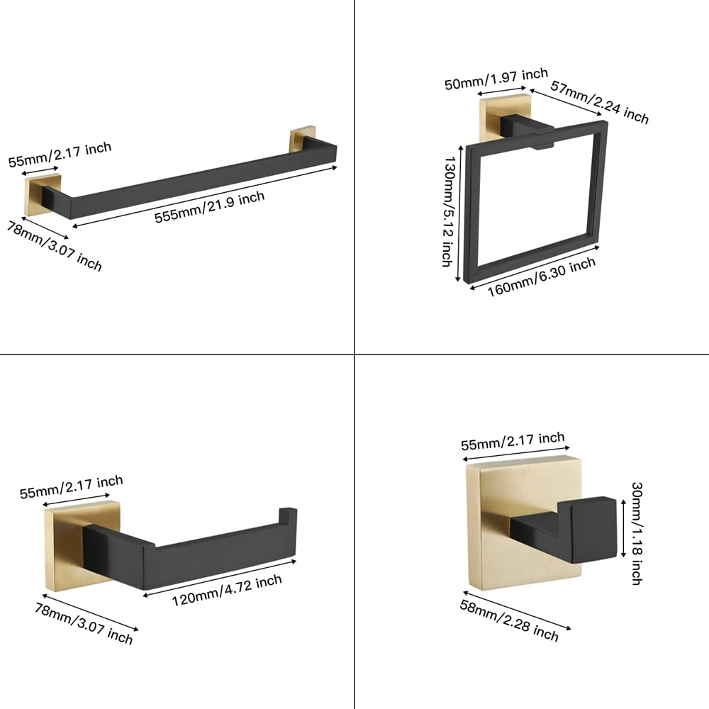 Juego de Accesorios de Baño Decorativos en Negro y Dorado de 5 Piezas - Incluye Barra para Toallas, Porta Papel Higiénico, Anillo para Toallas y Gancho para Batas - Modelo A-91012-S-BG-2