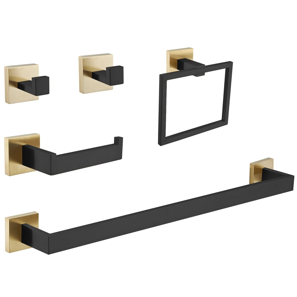 Juego de Accesorios de Baño Decorativos en Negro y Dorado de 5 Piezas - Incluye Barra para Toallas, Porta Papel Higiénico, Anillo para Toallas y Gancho para Batas - Modelo A-91012-S-BG-2