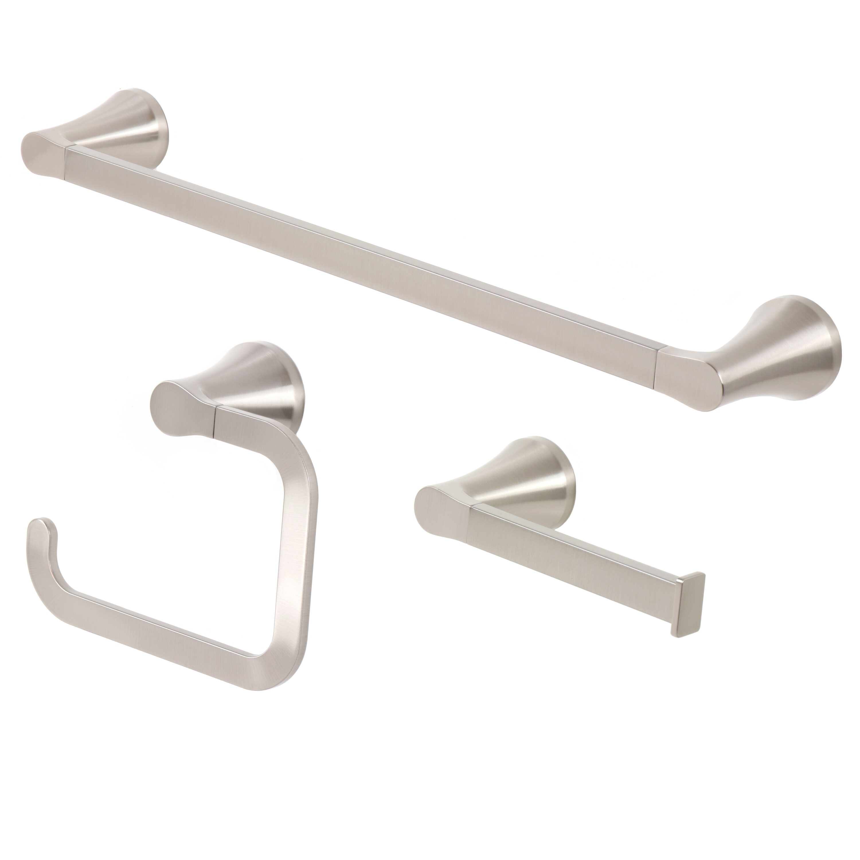 Juego de accesorios decorativos para baño de 3 piezas en níquel cepillado Candace 21: incluye barra para toallas, portarrollos de papel y argolla para toallas, Modelo BTH-033-R8006-BN.