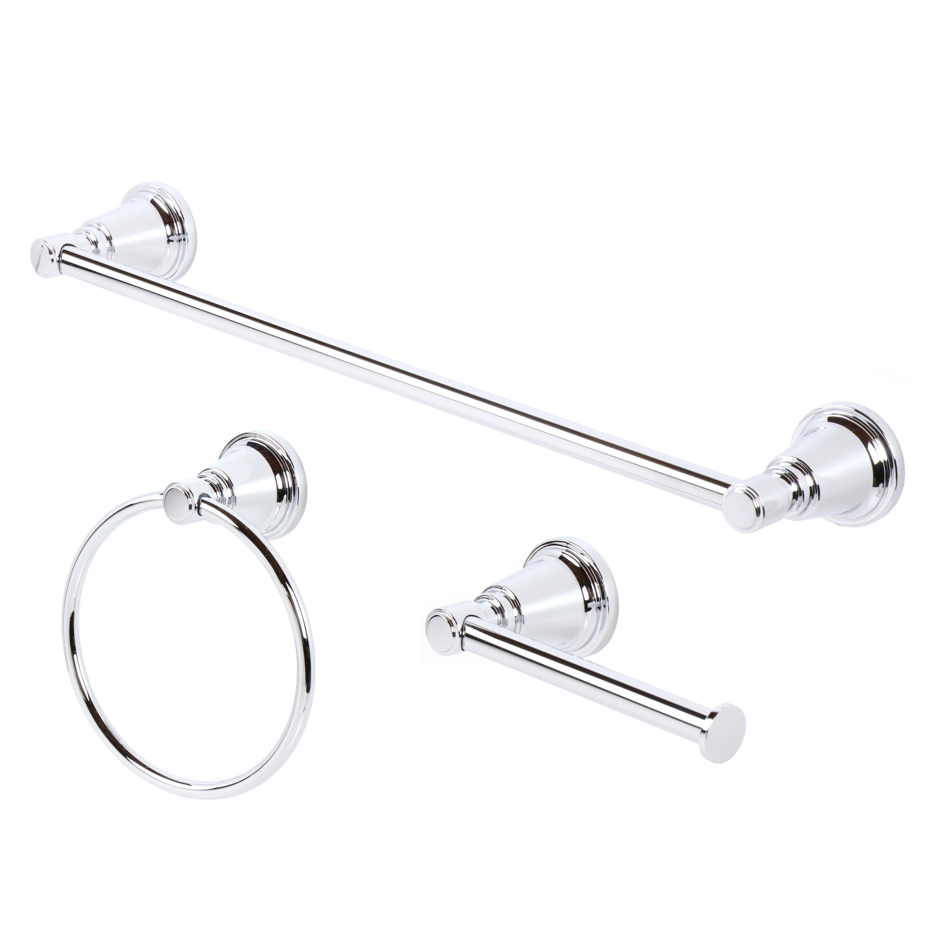 Juego de accesorios decorativos para baño Townley Chrome de 3 piezas de allen + roth: barra para toallas, porta papel higiénico y anillo para toallas. Incluye BTH-033-R8004-CH.