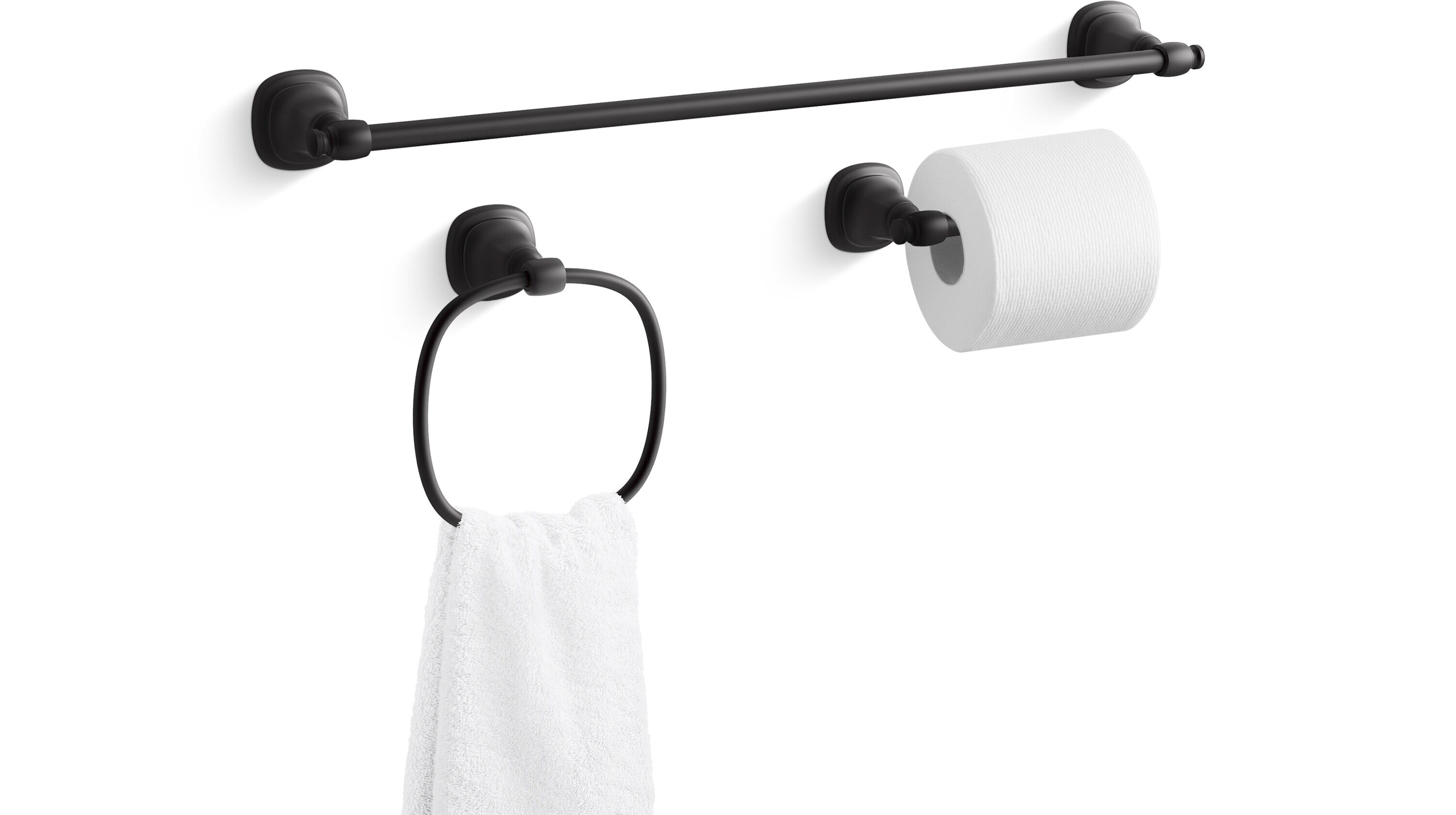 Juego de accesorios de baño decorativos en negro mate de 3 piezas Florez de KOHLER, que incluye barra de toallas, portarrollos de papel higiénico y anillo de toallas - REC27909-BL.