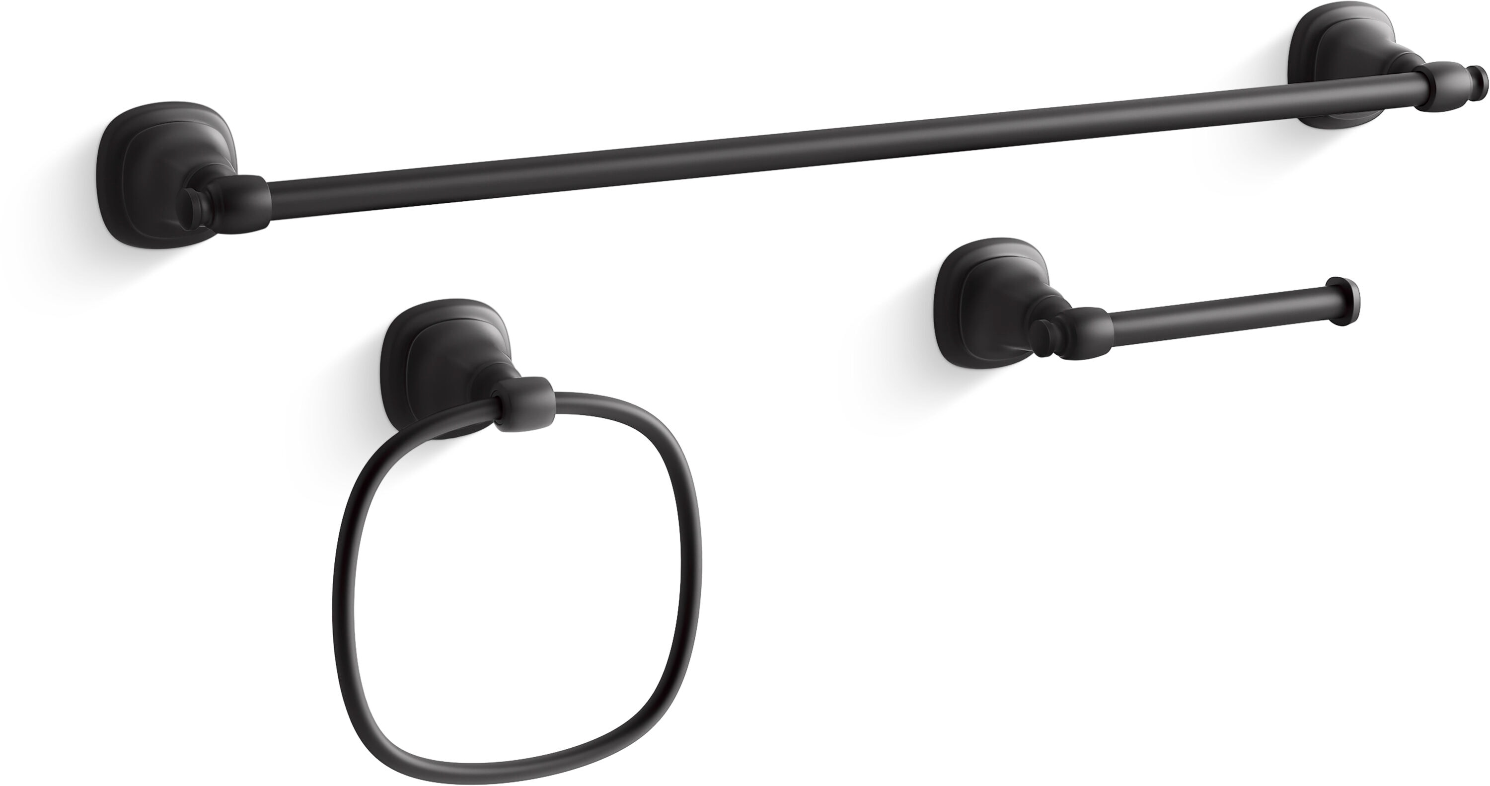 Juego de accesorios de baño decorativos en negro mate de 3 piezas Florez de KOHLER, que incluye barra de toallas, portarrollos de papel higiénico y anillo de toallas - REC27909-BL.