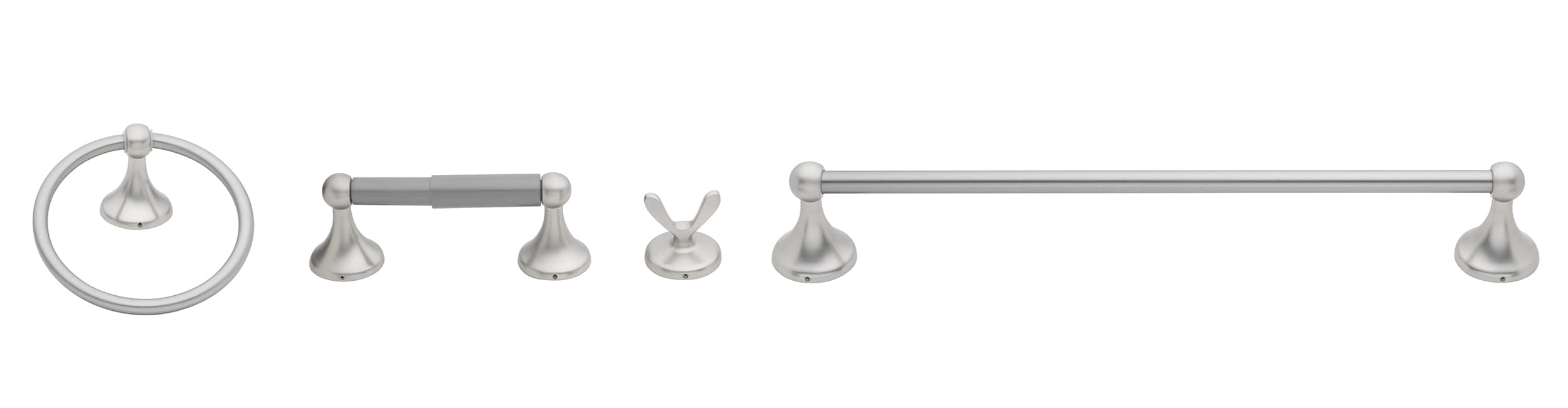 Juego de accesorios decorativos para baño de 4 piezas en níquel cepillado Woodlawn de Project Source: Barra para toallas, Porta papel higiénico, Gancho para batas y Anillo para toallas incluidos 167-V014KT-PSBN