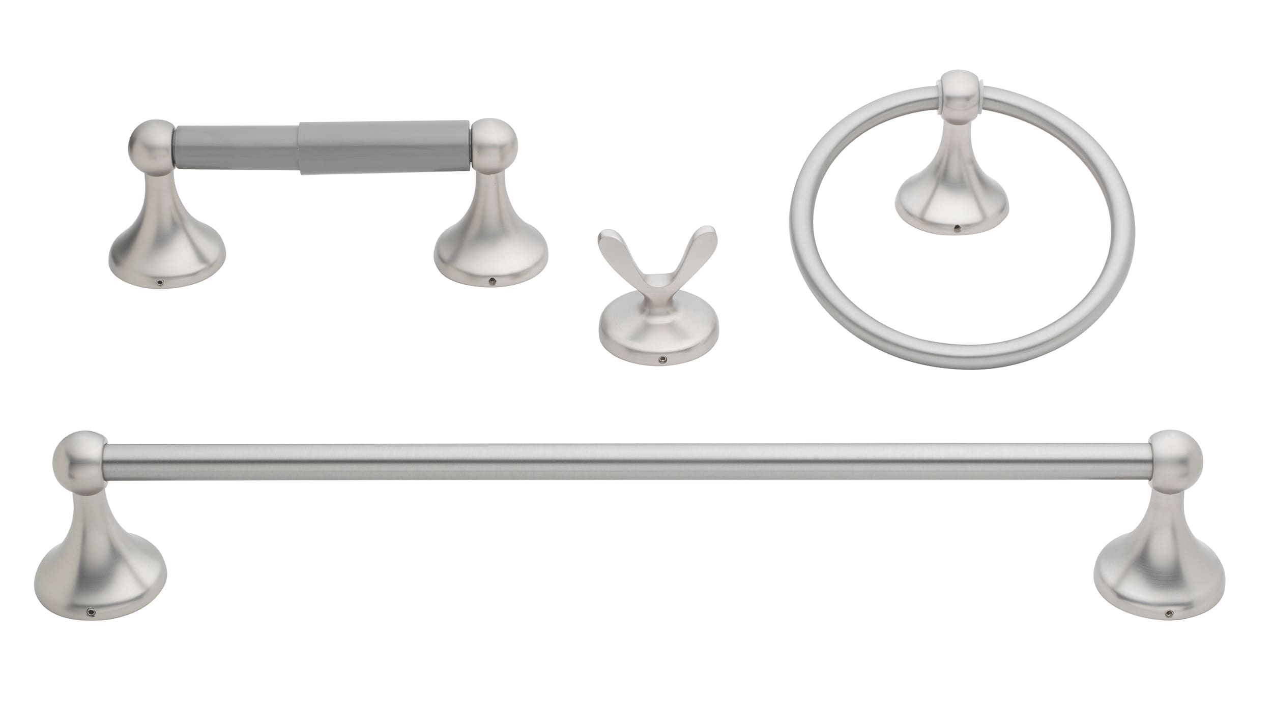 Juego de accesorios decorativos para baño de 4 piezas en níquel cepillado Woodlawn de Project Source: Barra para toallas, Porta papel higiénico, Gancho para batas y Anillo para toallas incluidos 167-V014KT-PSBN