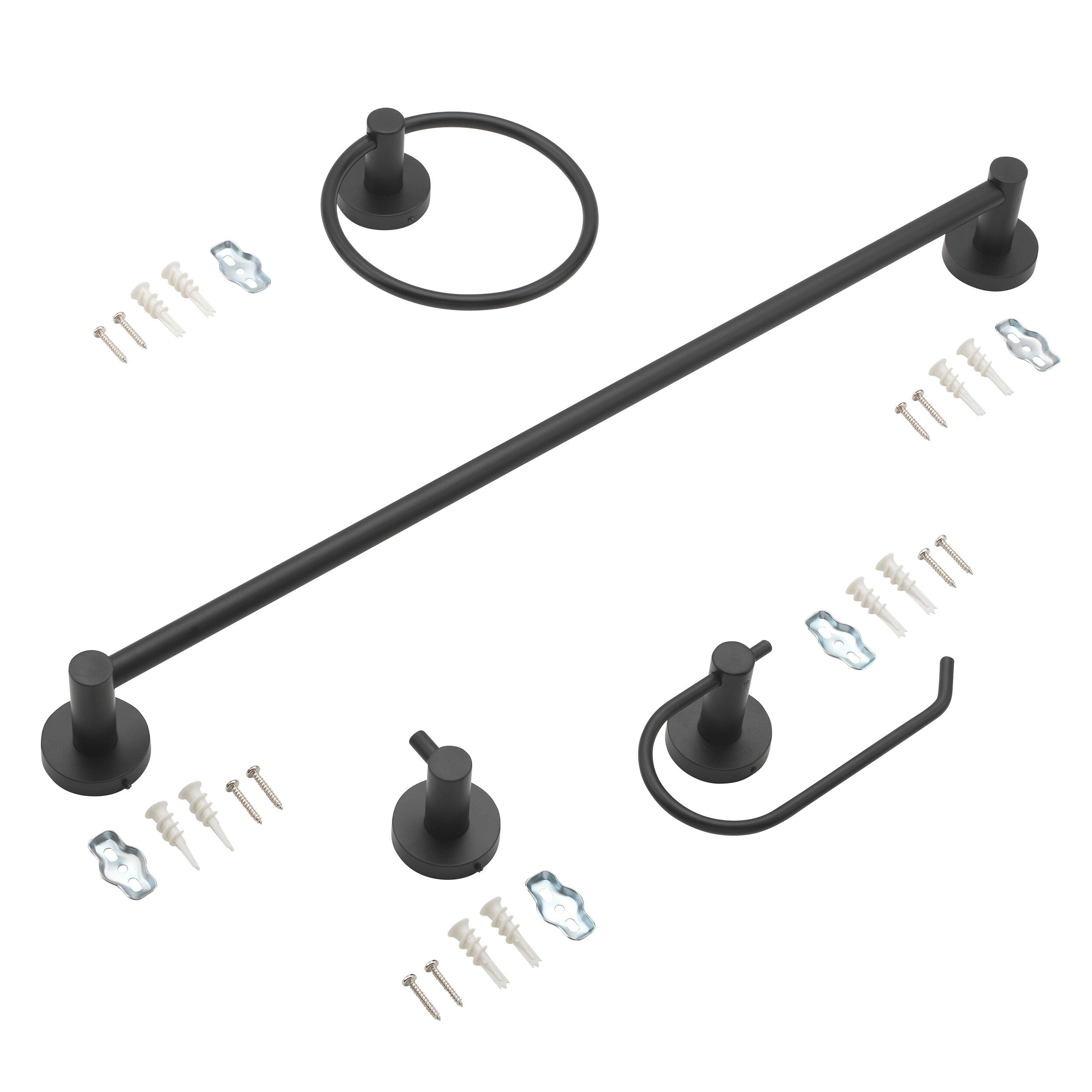 Juego de accesorios de baño decorativos en negro mate Grayford de 4 piezas: barra para toallas, porta papel higiénico, anillo para toallas, gancho para batas incluido.