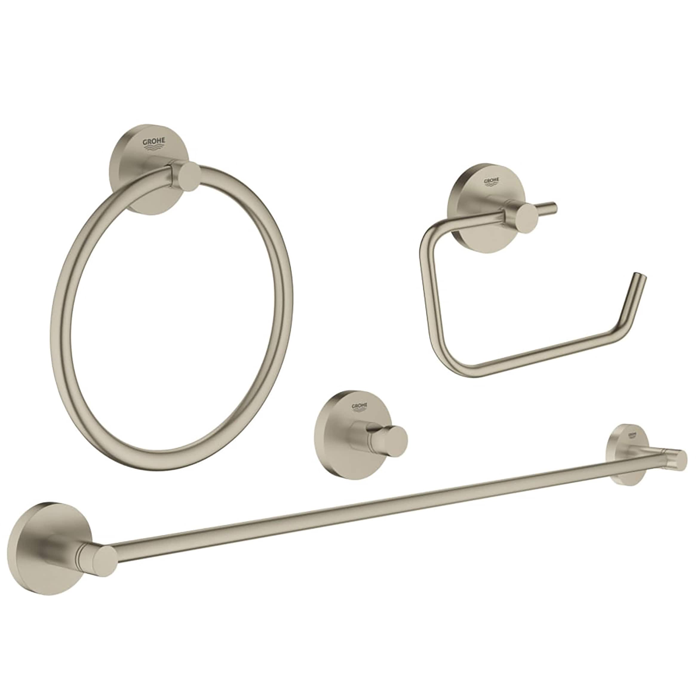 Juego de Accesorios para Baño en Níquel Cepillado de 5 Piezas GROHE Essential: Barra de Toallas, Porta Papel Higiénico, Argolla para Toallas y Gancho para Batas incluidos 40823EN1