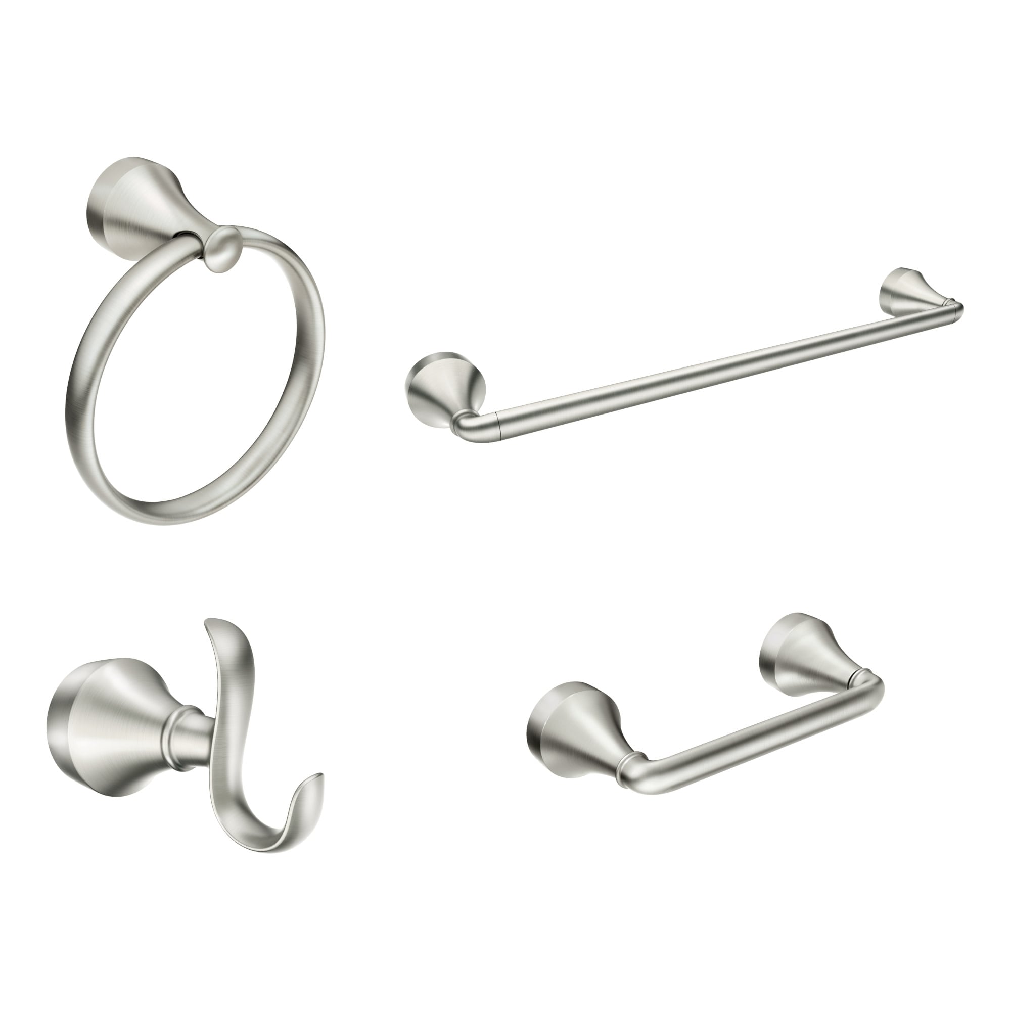 Conjunto decorativo de baño de níquel cepillado Moen 4 piezas Wellton: Barra para toallas, portarrollos, anillo para toallas y gancho para batas incluidos Y1394BN