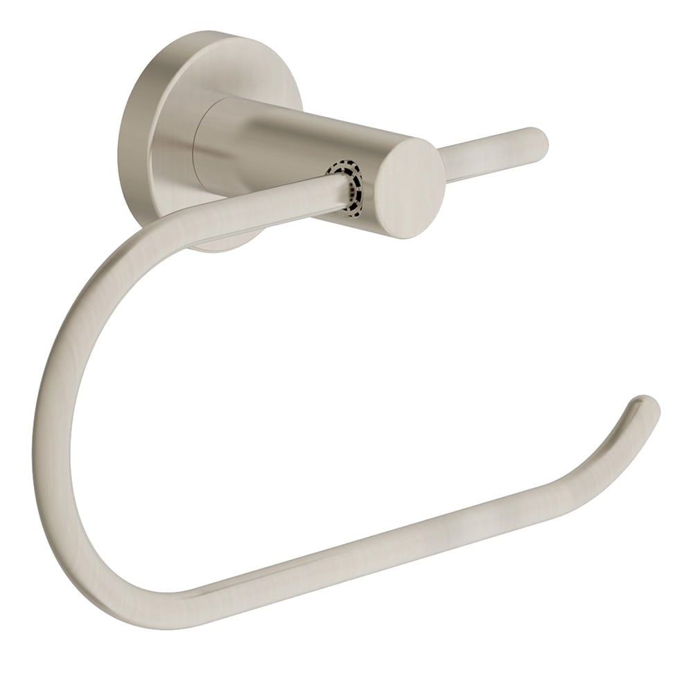 Juego de accesorios decorativos para baño de 4 piezas en níquel satinado Dia de Symmons: Barra de toalla, porta papel higiénico, argolla de toalla y gancho para batas incluidos.